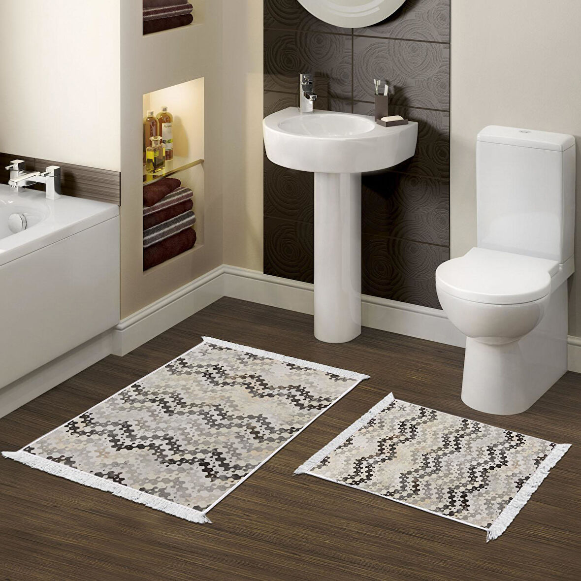 Dekoreko Kaymaz Taban Djt 2 Li Banyo Paspas Takımı Yıldız Deri Saçaklı Modern 1675