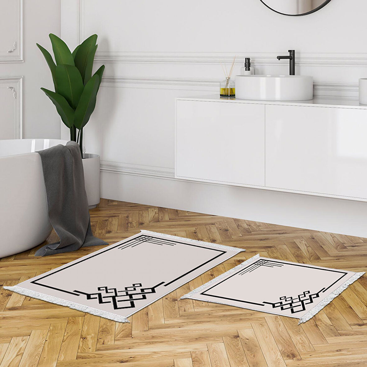 Dekoreko Kaymaz Taban Djt 2 Li Banyo Paspas Takımı Yıldız Deri Saçaklı Modern 1919