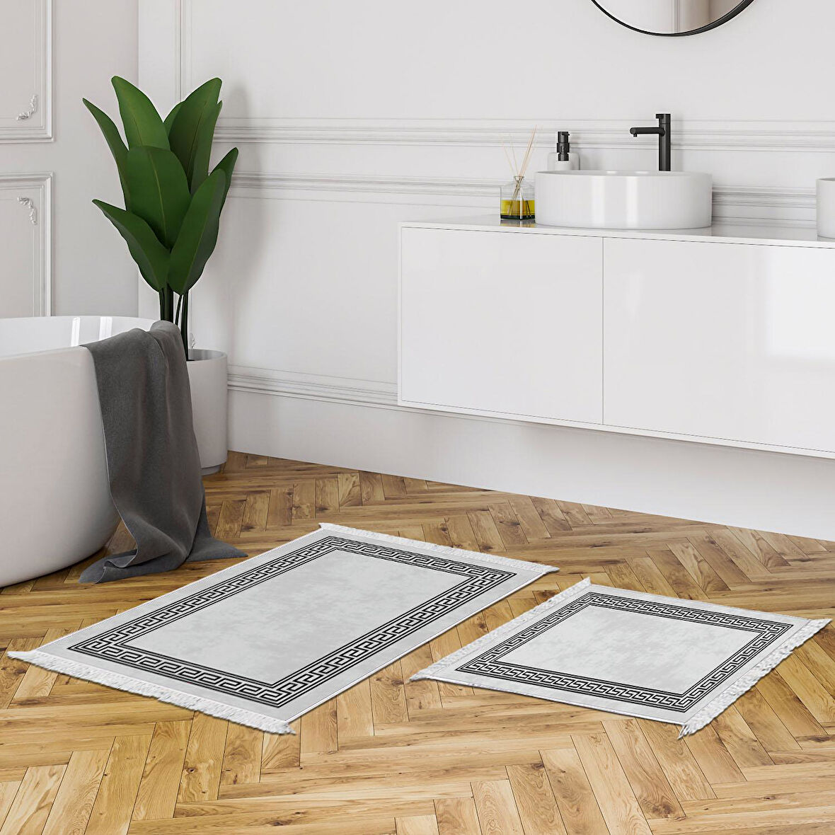 Dekoreko Kaymaz Taban Djt 2 Li Banyo Paspas Takımı Yıldız Deri Saçaklı Modern 626M