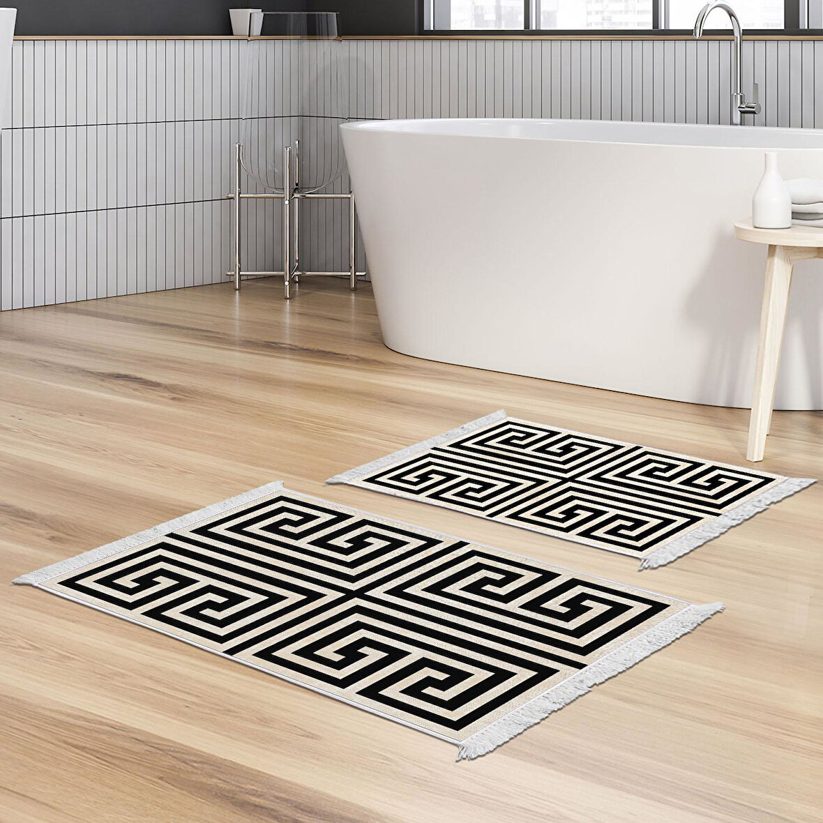 Dekoreko Kaymaz Taban Djt 2 Li Banyo Paspas Takımı Yıldız Deri Saçaklı Modern 658M