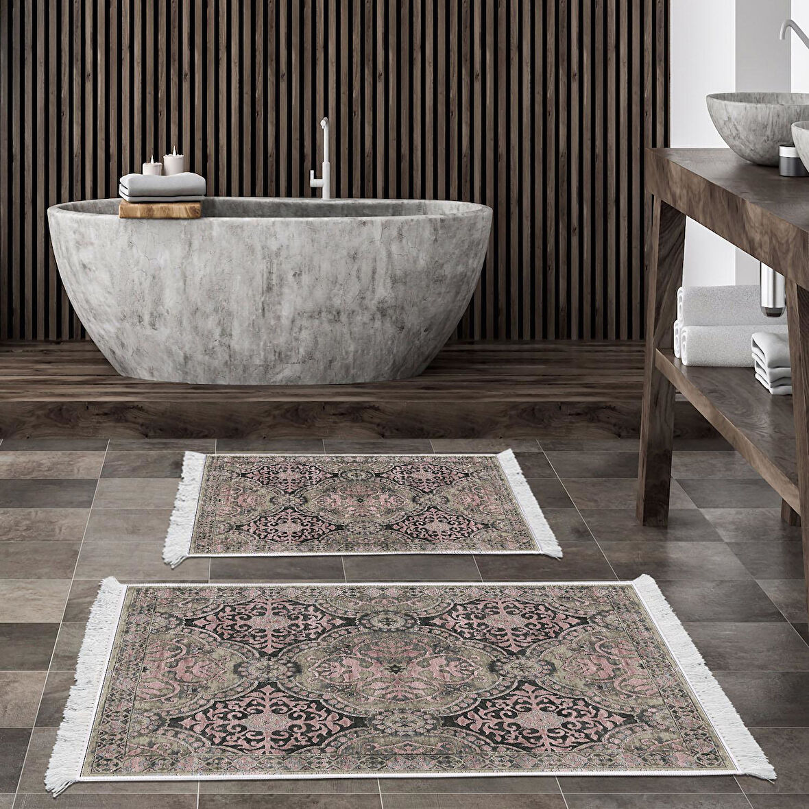 Dekoreko Kaymaz Taban Djt 2 Li Banyo Paspas Takımı Yıldız Deri Saçaklı Modern 659M