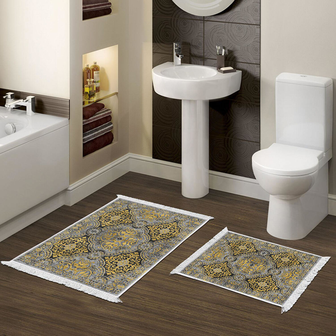 Dekoreko Kaymaz Taban Djt 2 Li Banyo Paspas Takımı Yıldız Deri Saçaklı Modern 659M