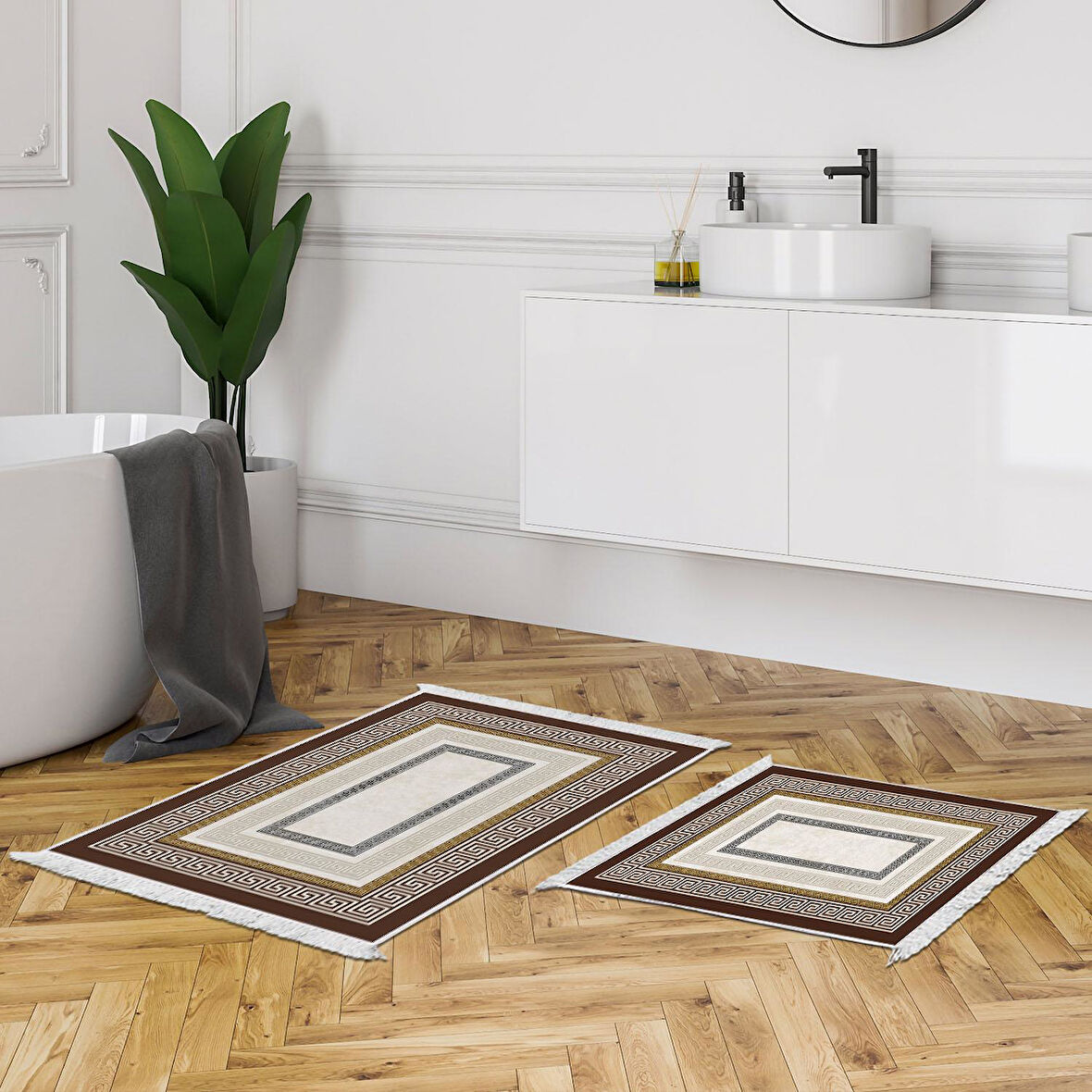 Dekoreko Kaymaz Taban Djt 2 Li Banyo Paspas Takımı Yıldız Deri Saçaklı Modern 675M