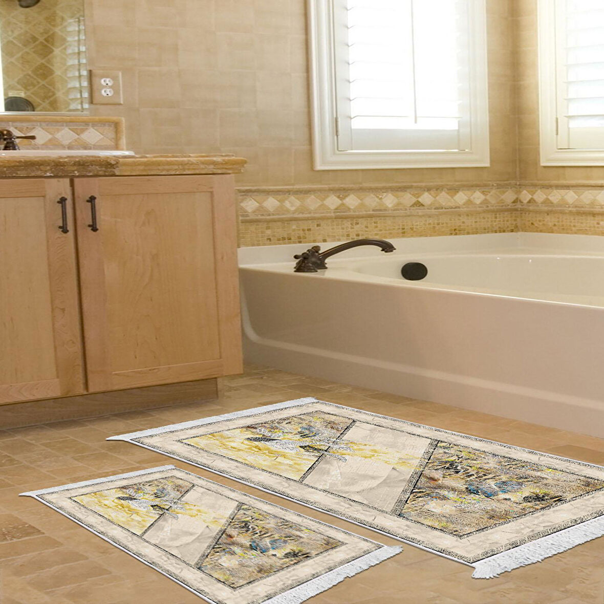 Dekoreko Kaymaz Taban Djt 2 Li Banyo Paspas Takımı Yıldız Deri Saçaklı Modern 729