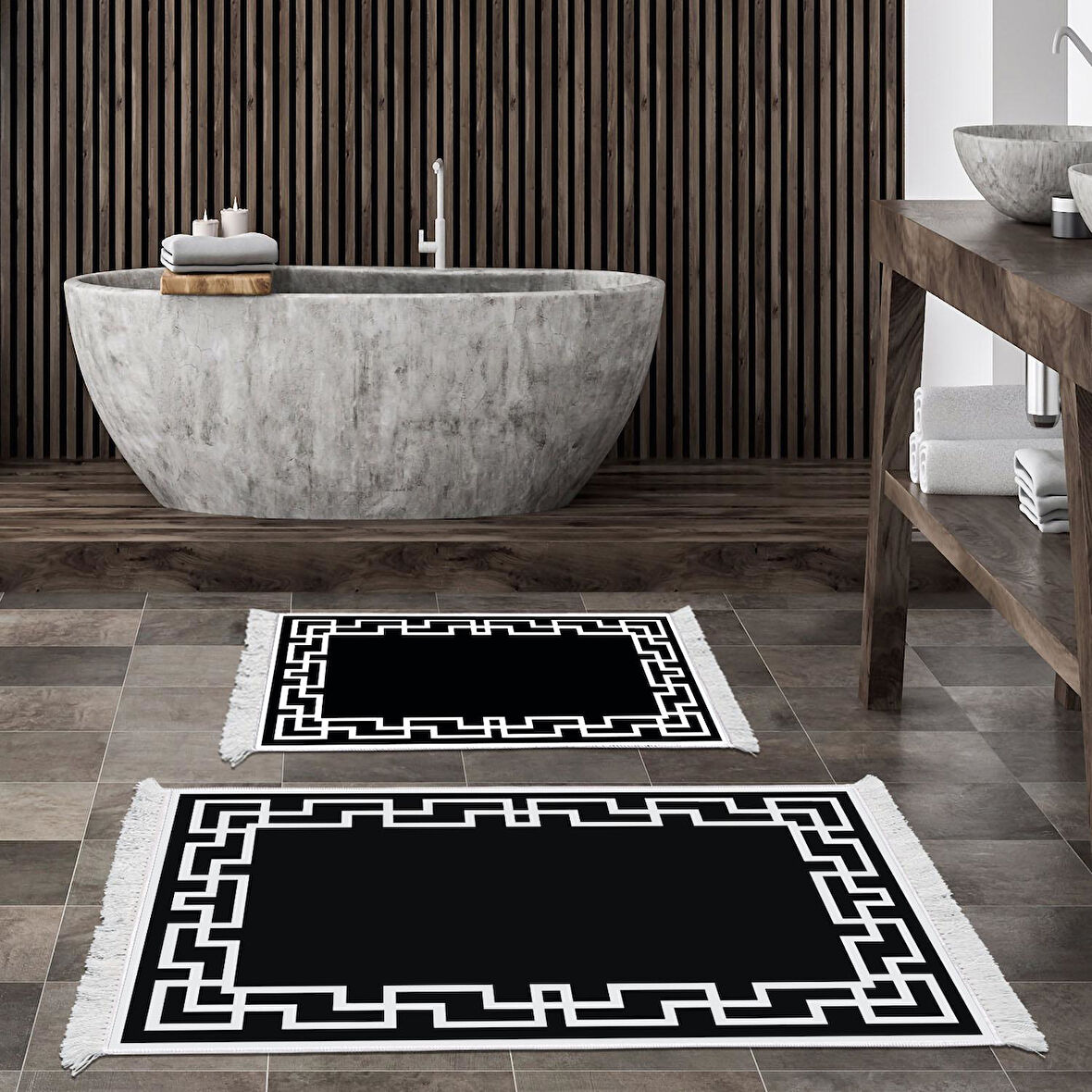 Dekoreko Kaymaz Taban Djt 2 Li Banyo Paspas Takımı Yıldız Deri Saçaklı Modern F5035
