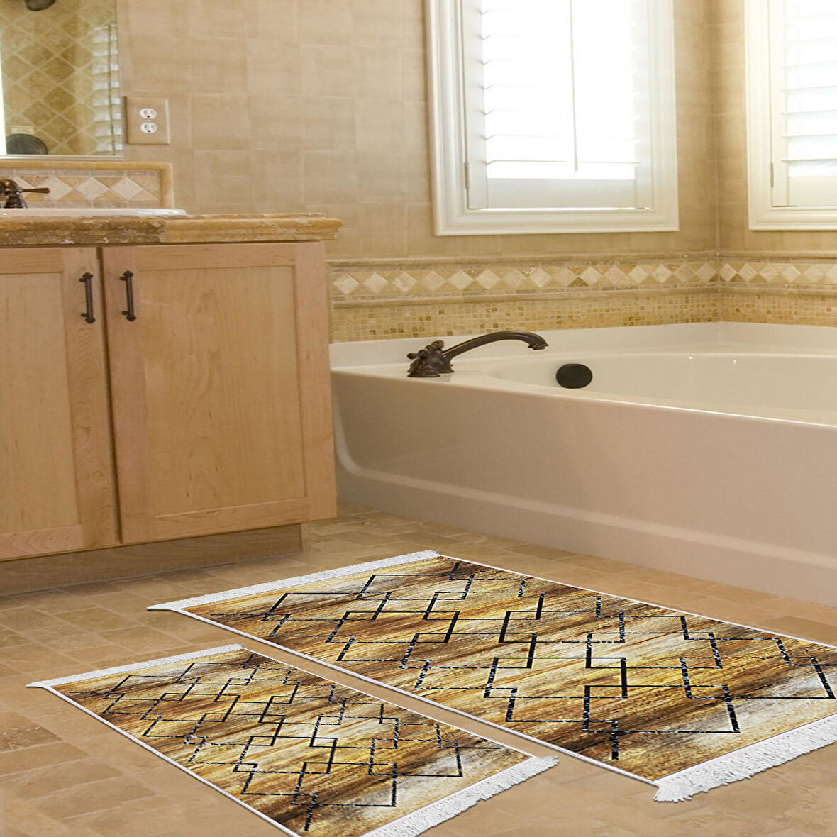 Dekoreko Kaymaz Taban Djt 2 Li Banyo Paspas Takımı Yıldız Deri Saçaklı Modern M5006