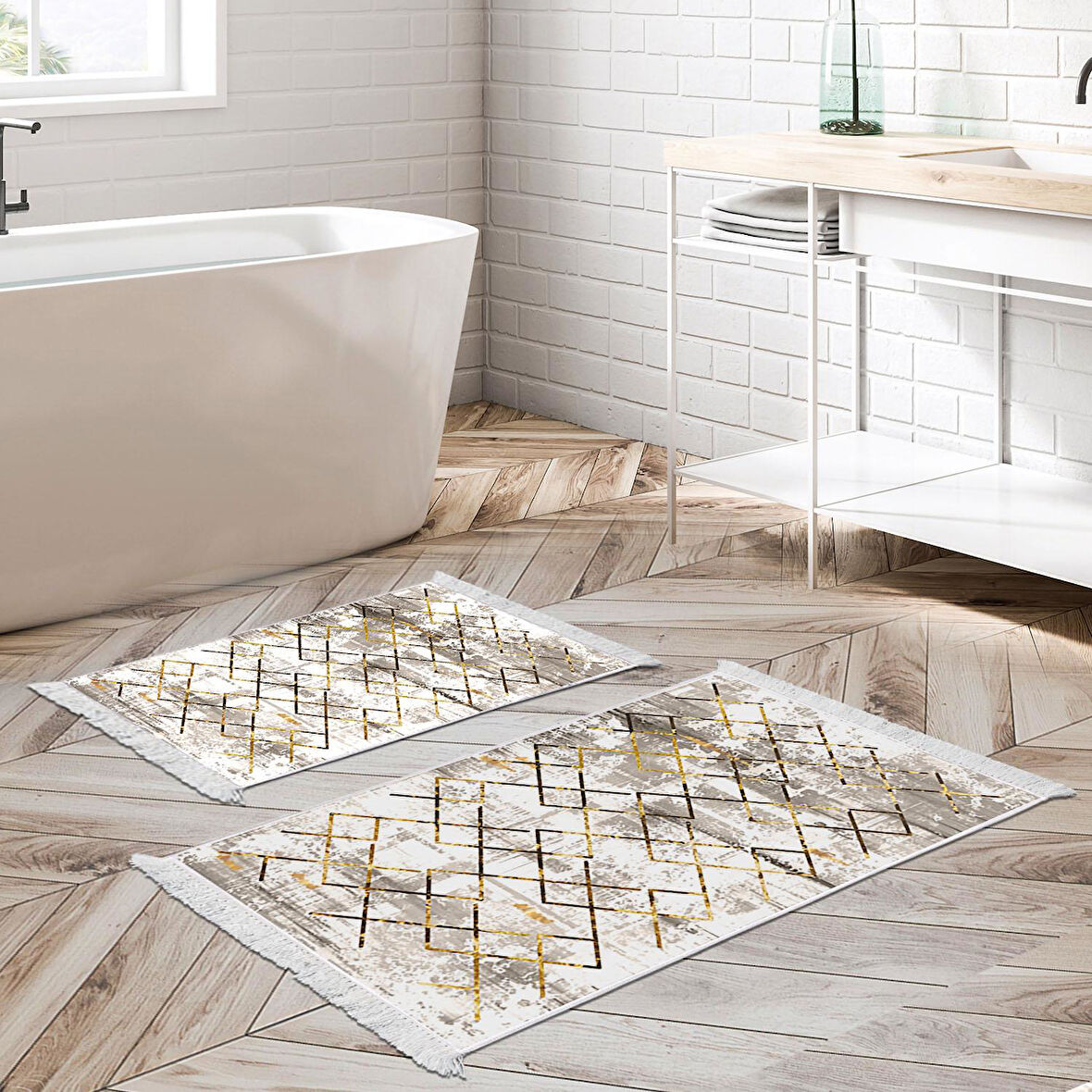 Dekoreko Kaymaz Taban Djt 2 Li Banyo Paspas Takımı Yıldız Deri Saçaklı Modern M5026