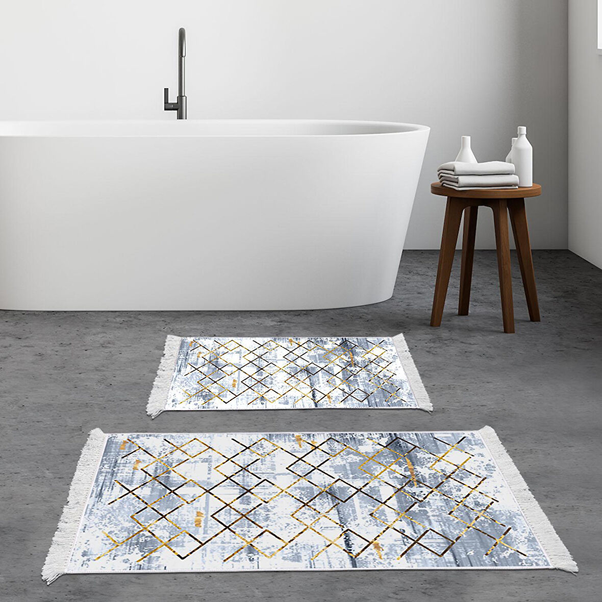 Dekoreko Kaymaz Taban Djt 2 Li Banyo Paspas Takımı Yıldız Deri Saçaklı Modern M5026