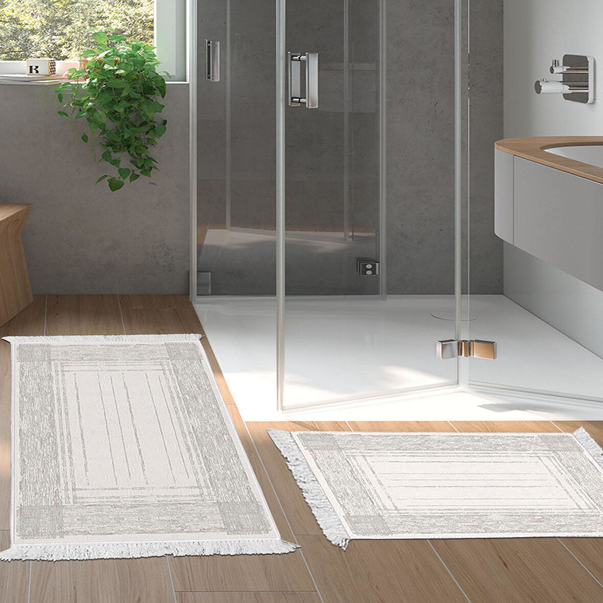 Dekoreko Kaymaz Taban Djt 2 Li Banyo Paspas Takımı Yıldız Deri Saçaklı Modern M5076