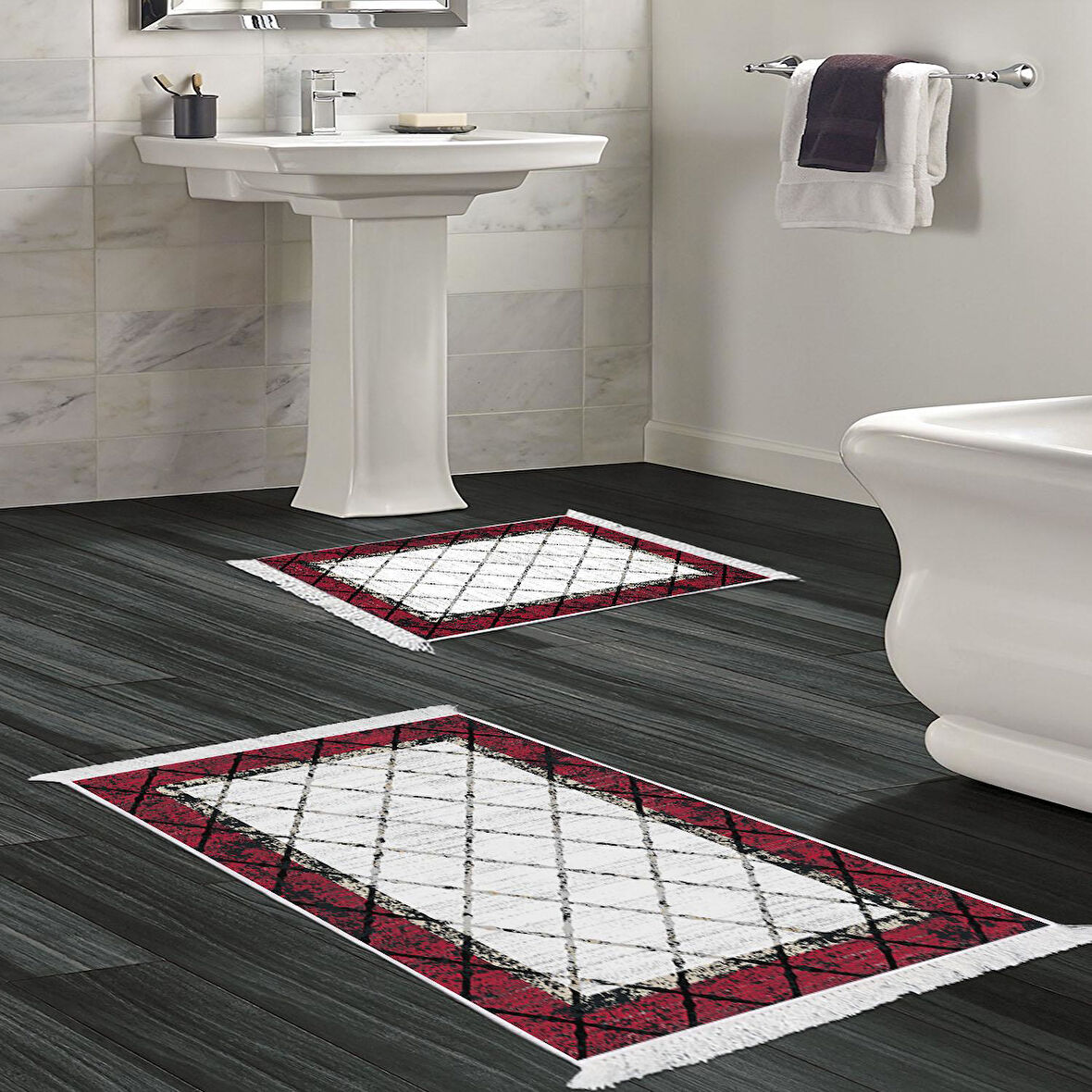 Dekoreko Kaymaz Taban Djt 2 Li Banyo Paspas Takımı Yıldız Deri Saçaklı Modern M5129