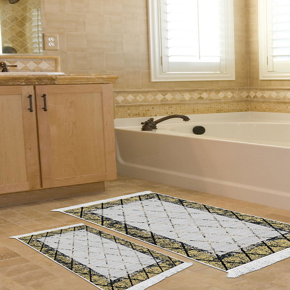 Dekoreko Kaymaz Taban Djt 2 Li Banyo Paspas Takımı Yıldız Deri Saçaklı Modern M5129