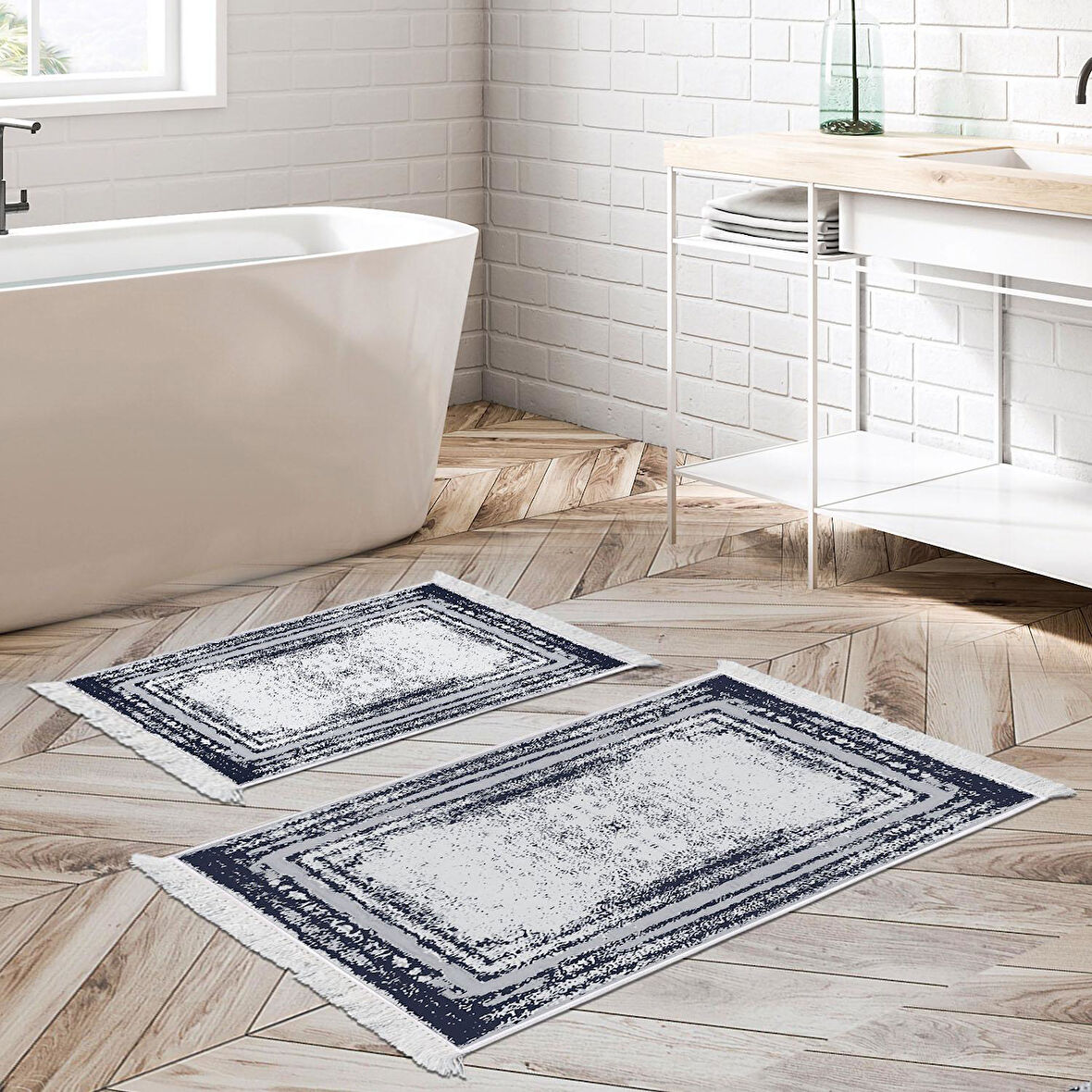 Dekoreko Kaymaz Taban Djt 2 Li Banyo Paspas Takımı Yıldız Deri Saçaklı Modern M5132