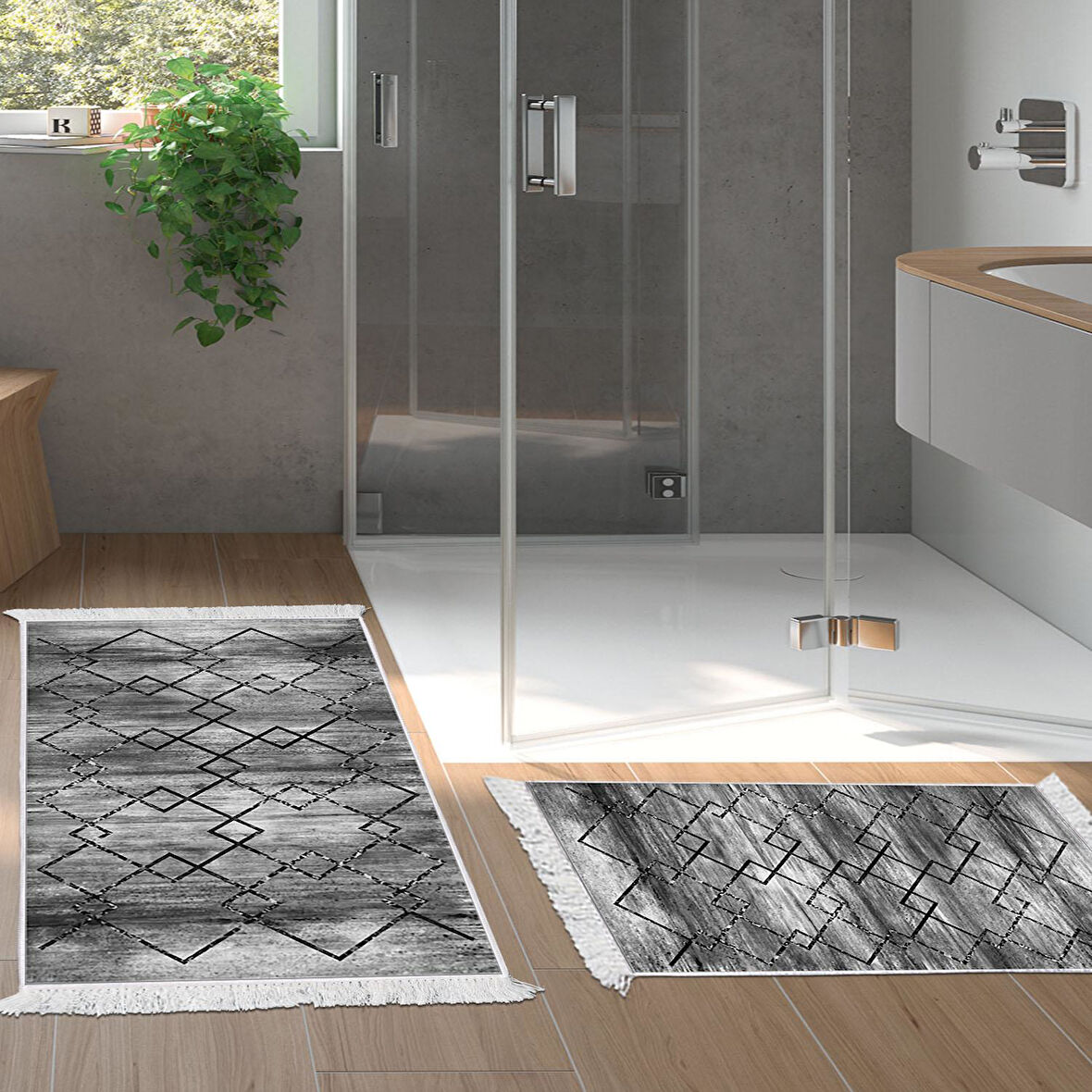 Dekoreko Kaymaz Taban Djt 2 Li Banyo Paspas Takımı Star Pamuk Saçaklı Modern M5006