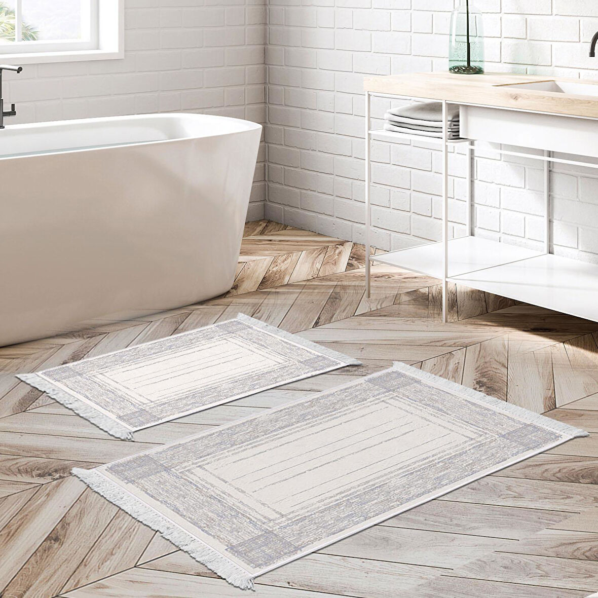 Dekoreko Kaymaz Taban Djt 2 Li Banyo Paspas Takımı Star Pamuk Saçaklı Modern M5076