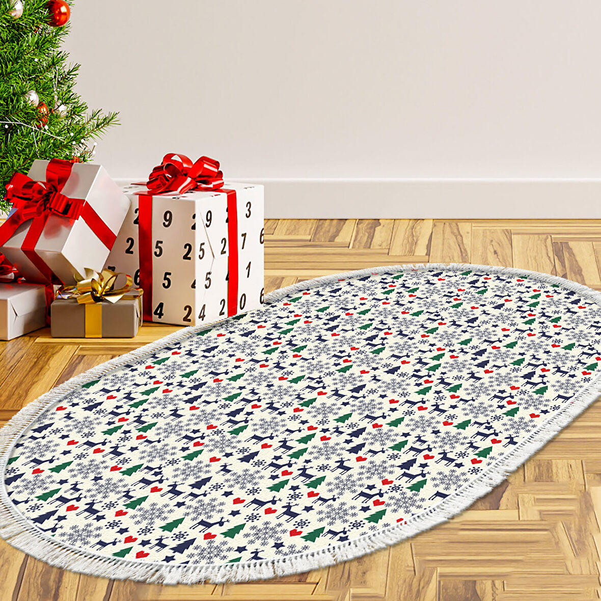 Alanur Home Yılbaşına Özel Keçe Dijital Yıkanabilir Oval Halı Chr10M