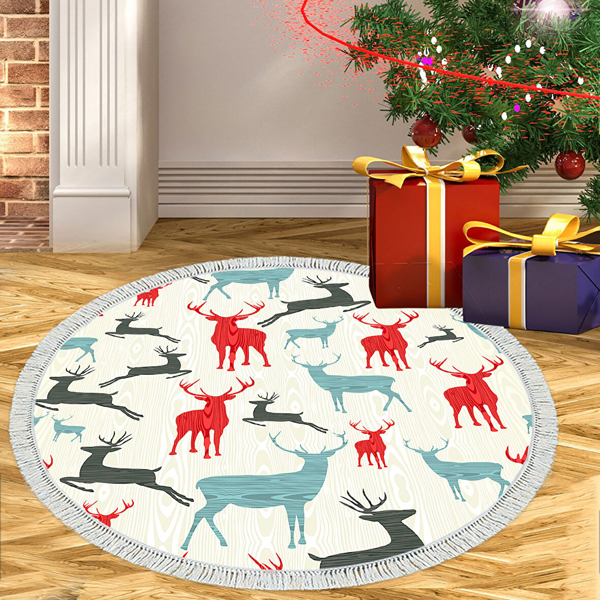 Alanur Home Yılbaşına Özel Pamuk Dijital Yıkanabilir Yuvarlak Halı Chr7M