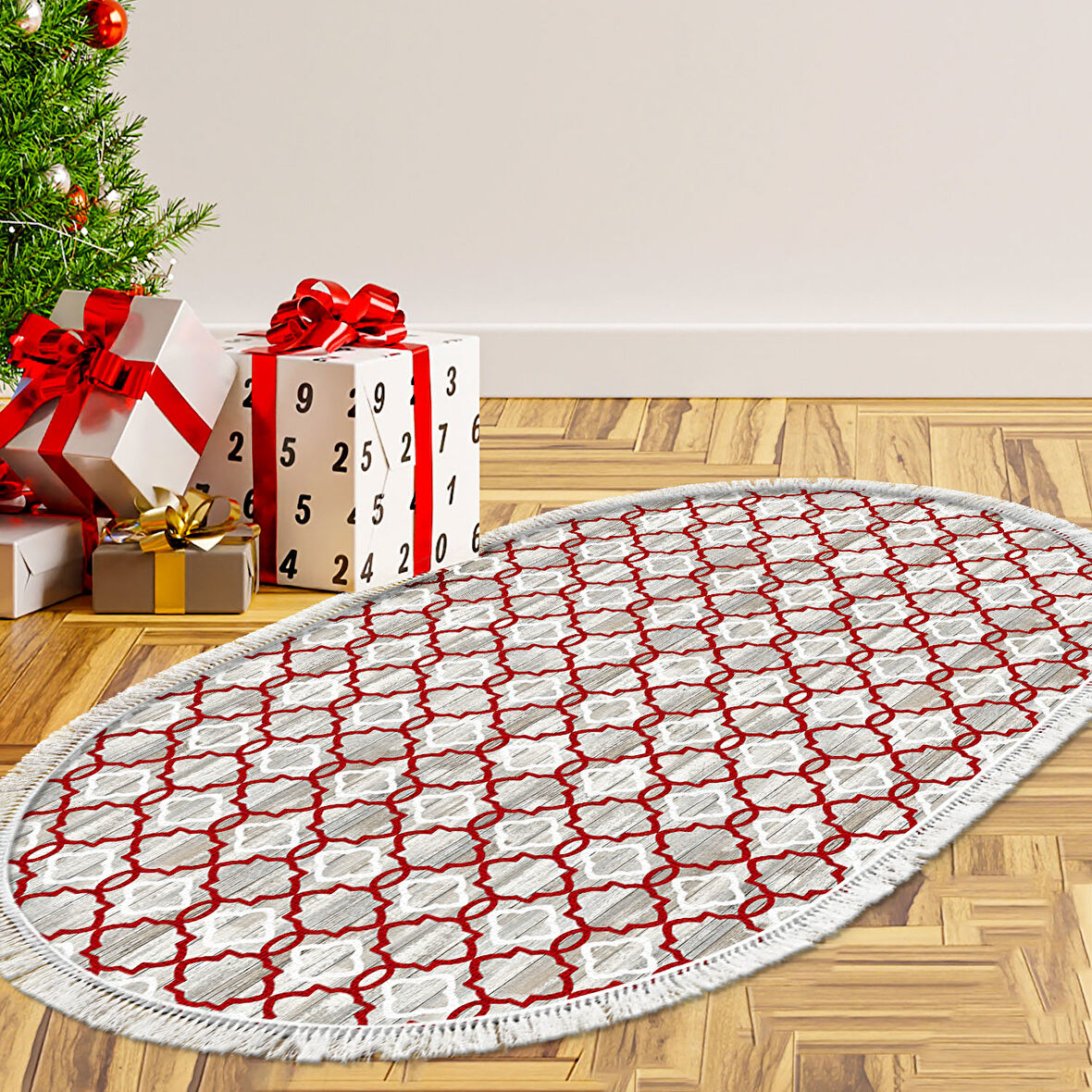 Alanur Home Yılbaşına Özel Pamuk Dijital Yıkanabilir Oval Halı Chr12M
