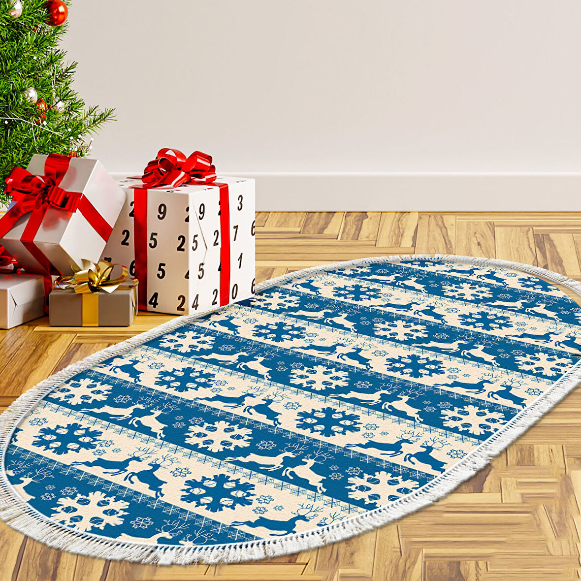 Alanur Home Yılbaşına Özel Pamuk Dijital Yıkanabilir Oval Halı Chr5M