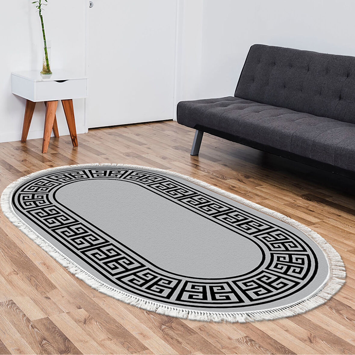 Dekoreko Kaymaz Taban Djt Salon Halısı Trend Saçaklı Oval Modern 608M