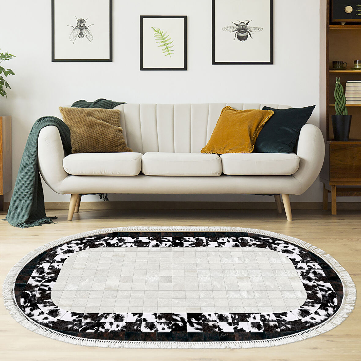 Dekoreko Kaymaz Taban Djt Salon Halısı Yıldız Deri Saçaklı Oval Modern 1495