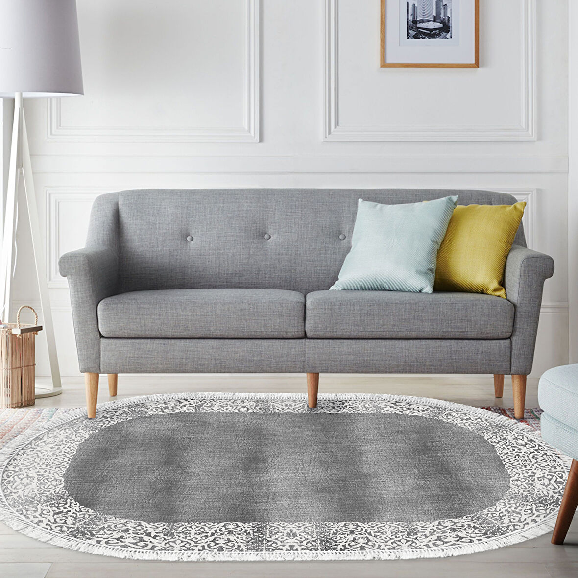 Dekoreko Kaymaz Taban Djt Salon Halısı Star Pamuk Saçaklı Oval Modern 1460