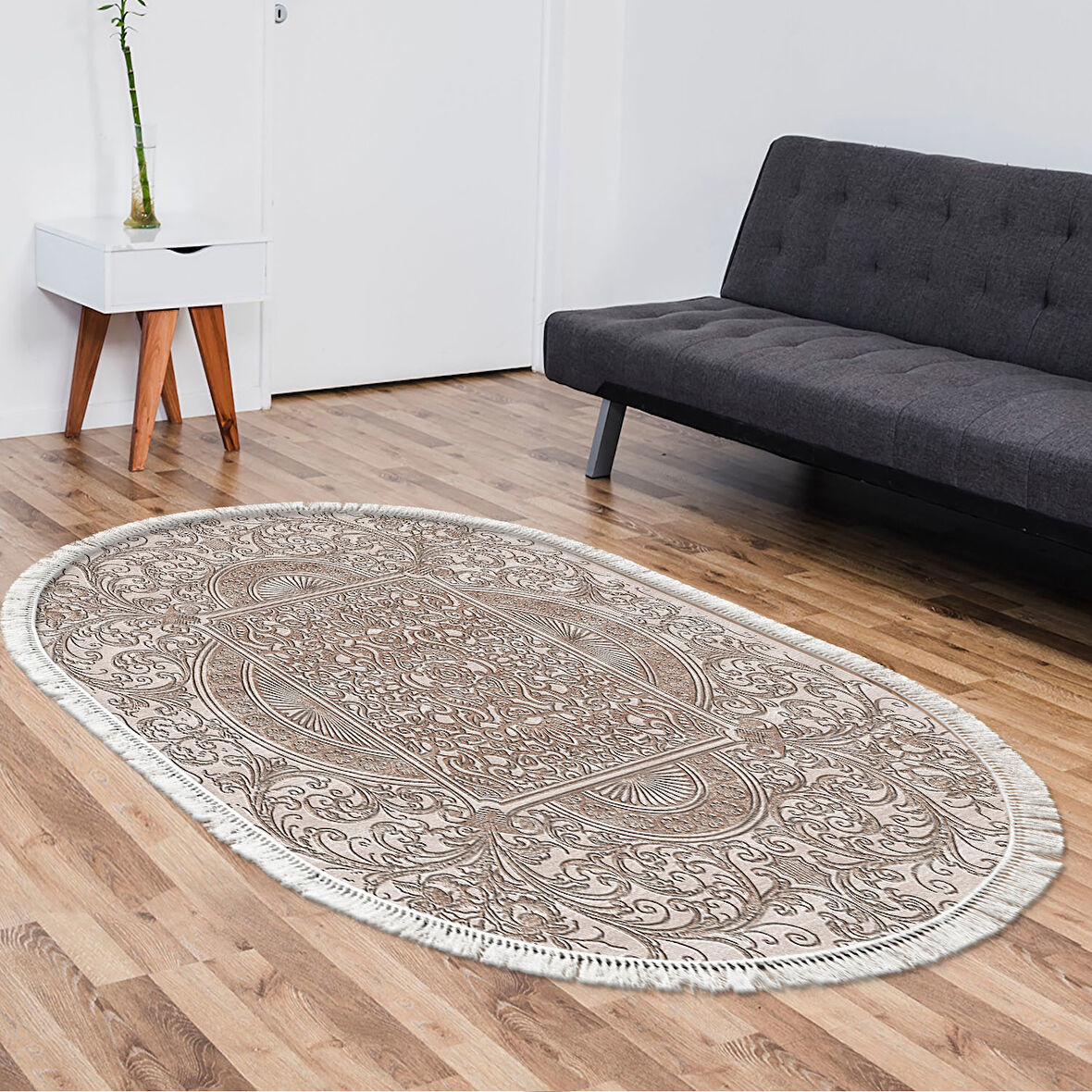 Dekoreko Kaymaz Taban Djt Salon Halısı Star Pamuk Saçaklı Oval Modern 1488