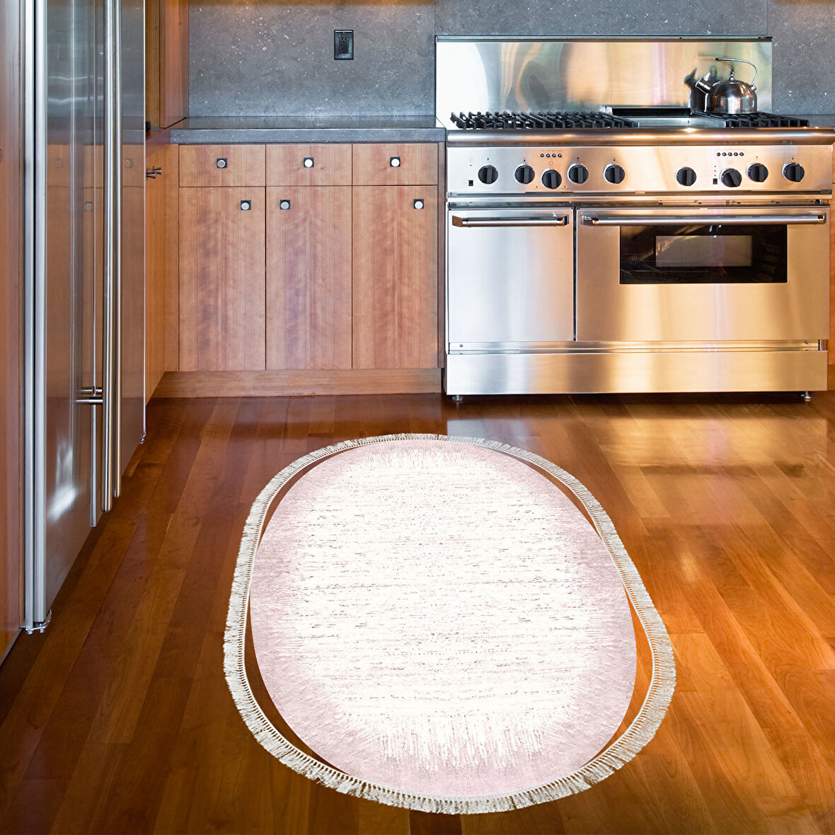 Dekoreko Kaymaz Taban Djt Mutfak Halısı Yıldız Deri Saçaklı Oval Modern 1342