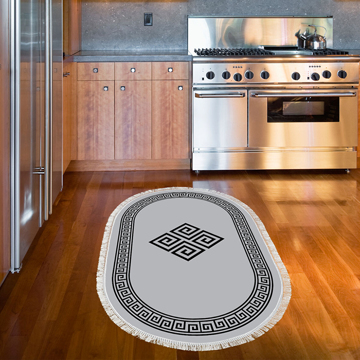 Dekoreko Kaymaz Taban Djt Mutfak Halısı Yıldız Deri Saçaklı Oval Modern 656M