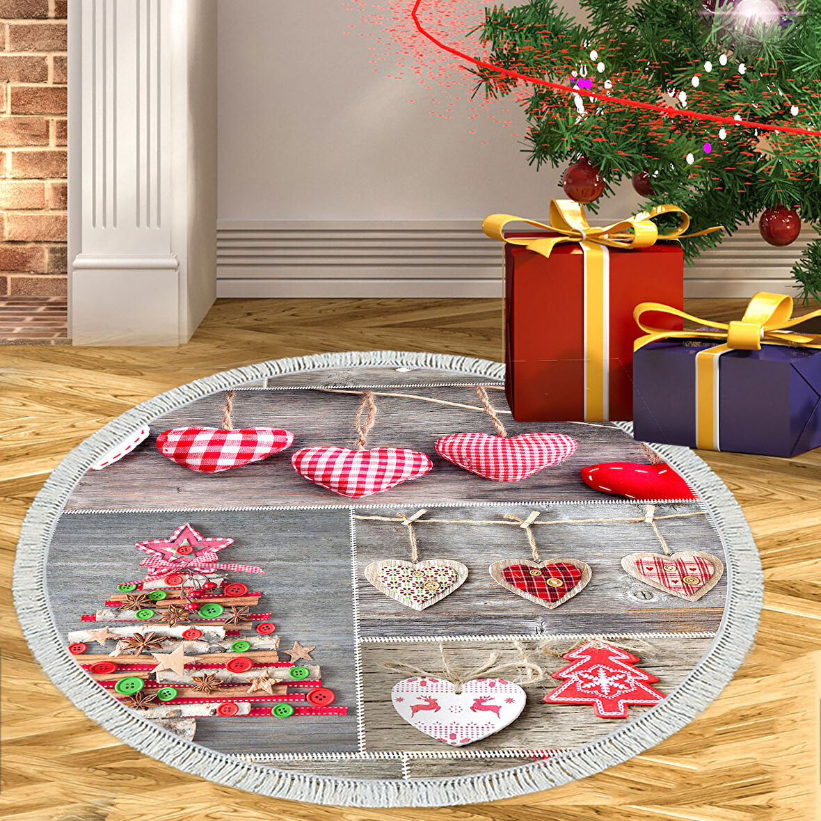 Alanur Home Yılbaşına Özel Pamuk Dijital Yıkanabilir Yuvarlak Halı Chr14M