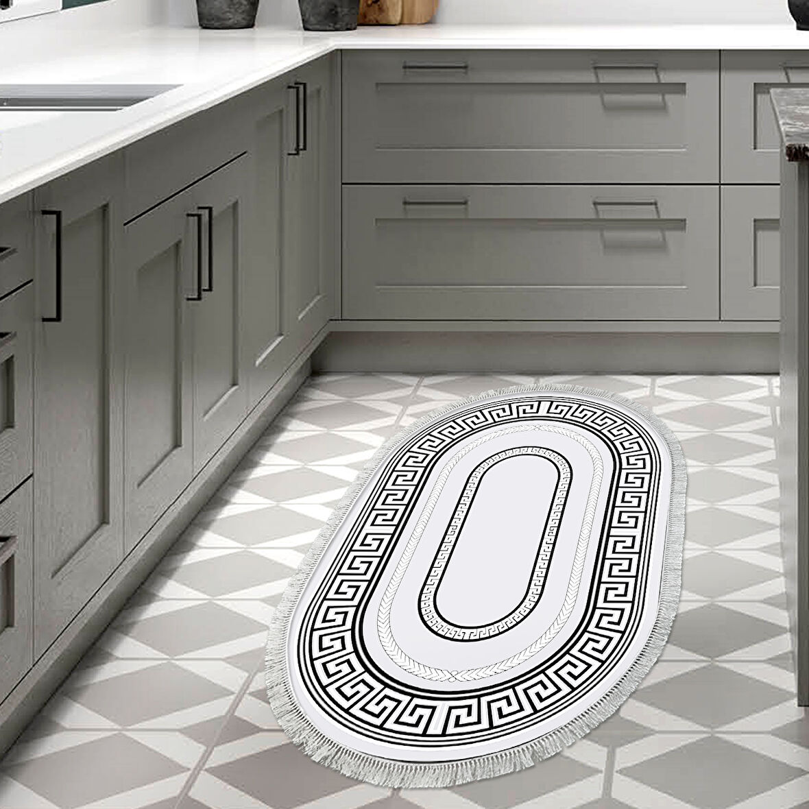 Dekoreko Kaymaz Taban Djt Mutfak Halısı Star Pamuk Saçaklı Oval Modern 651M