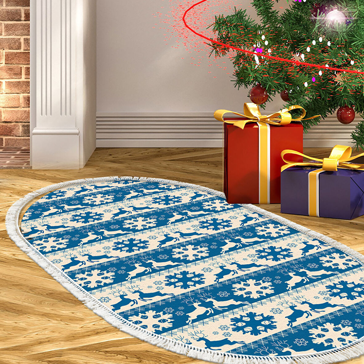 Alanur Home Yılbaşına Özel Keçe Dijital Yıkanabilir Oval Halı Chr5M