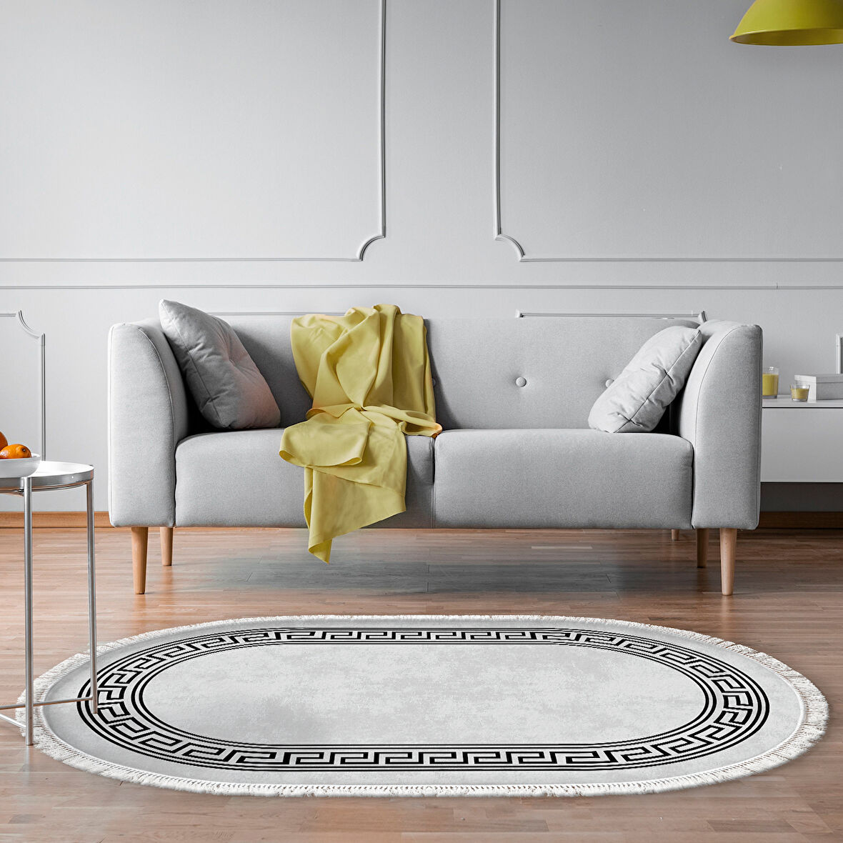 Dekoreko Kaymaz Taban Djt Salon Halısı Yıldız Deri Saçaklı Oval Modern 626M