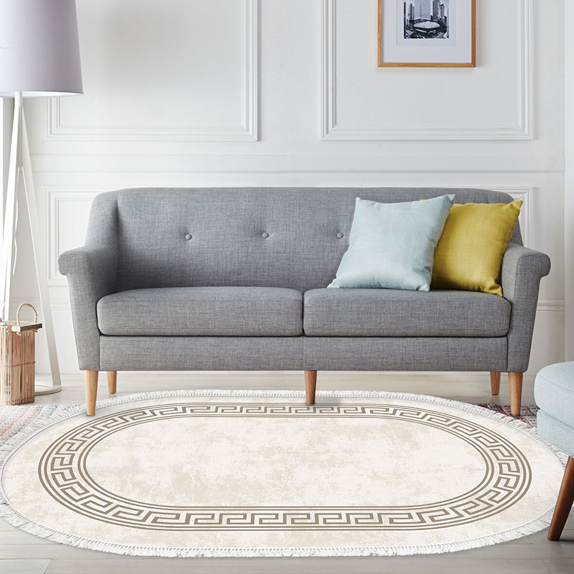 Dekoreko Kaymaz Taban Djt Salon Halısı Yıldız Deri Saçaklı Oval Modern 626M