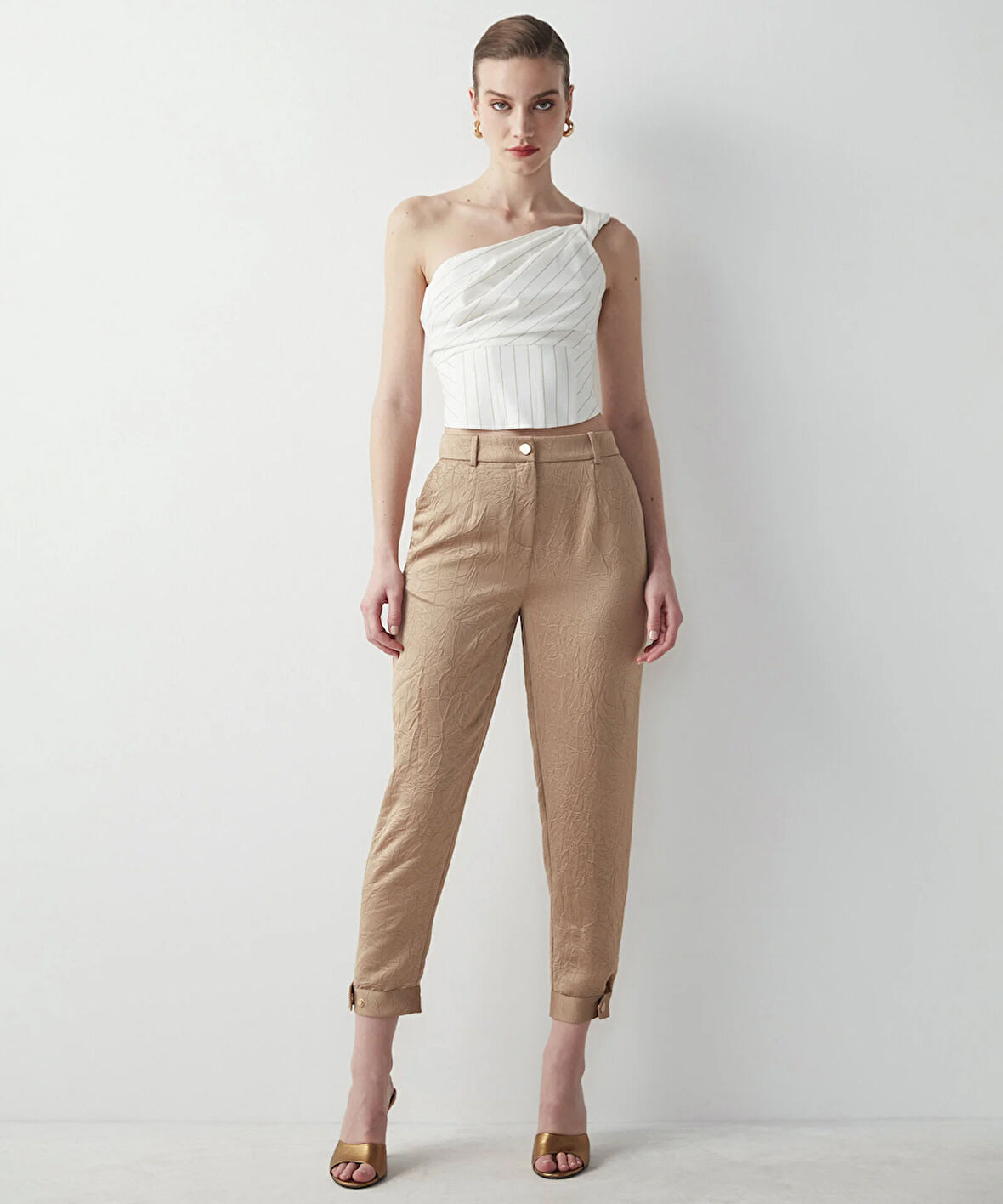 Dokulu Çıtçıt Aksesuarlı Pantolon-Naturel | 42