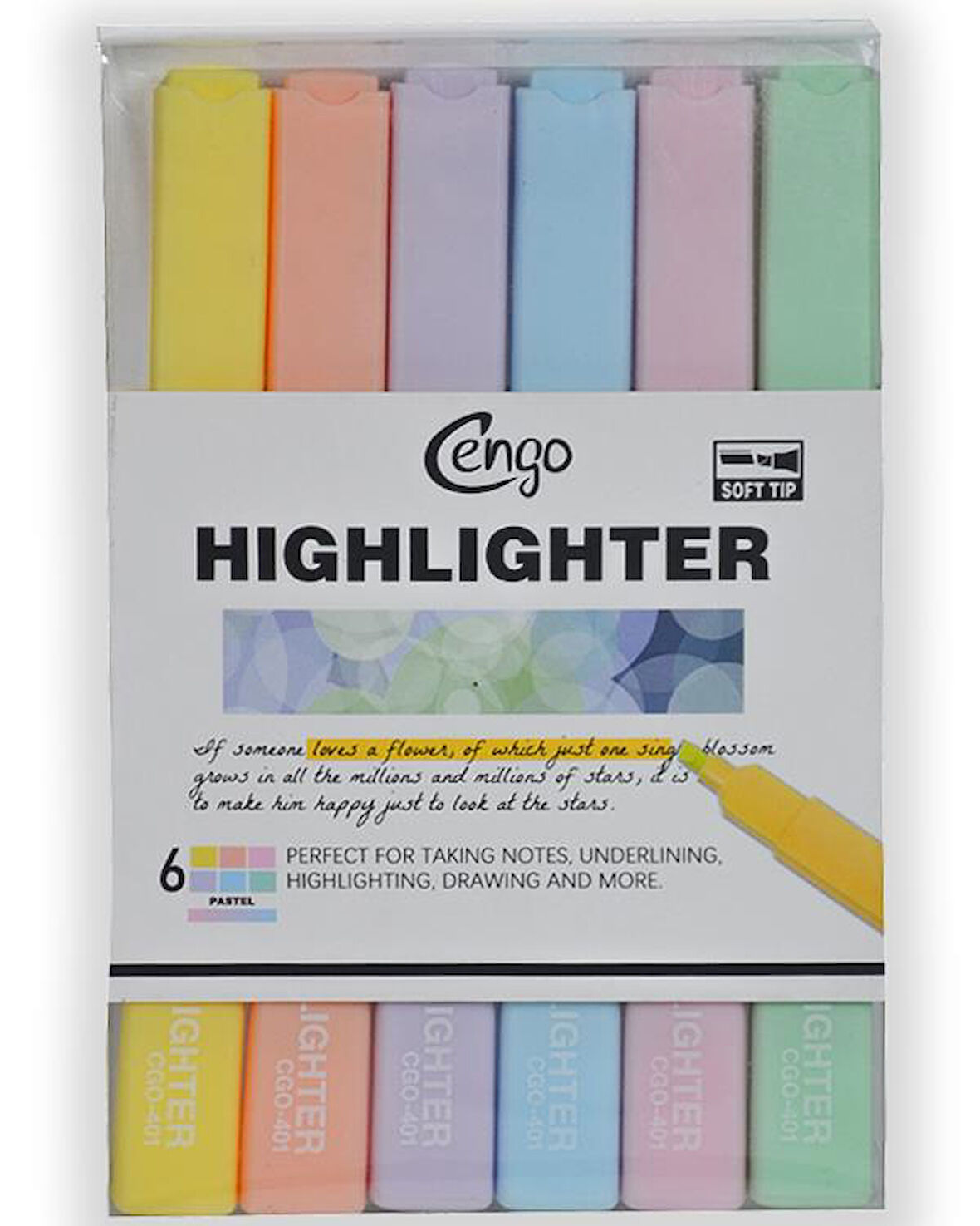 Cengo Kare Tipi Highlighter Fosforlu Kalem Pastel Renkler 6lı Set CGO401