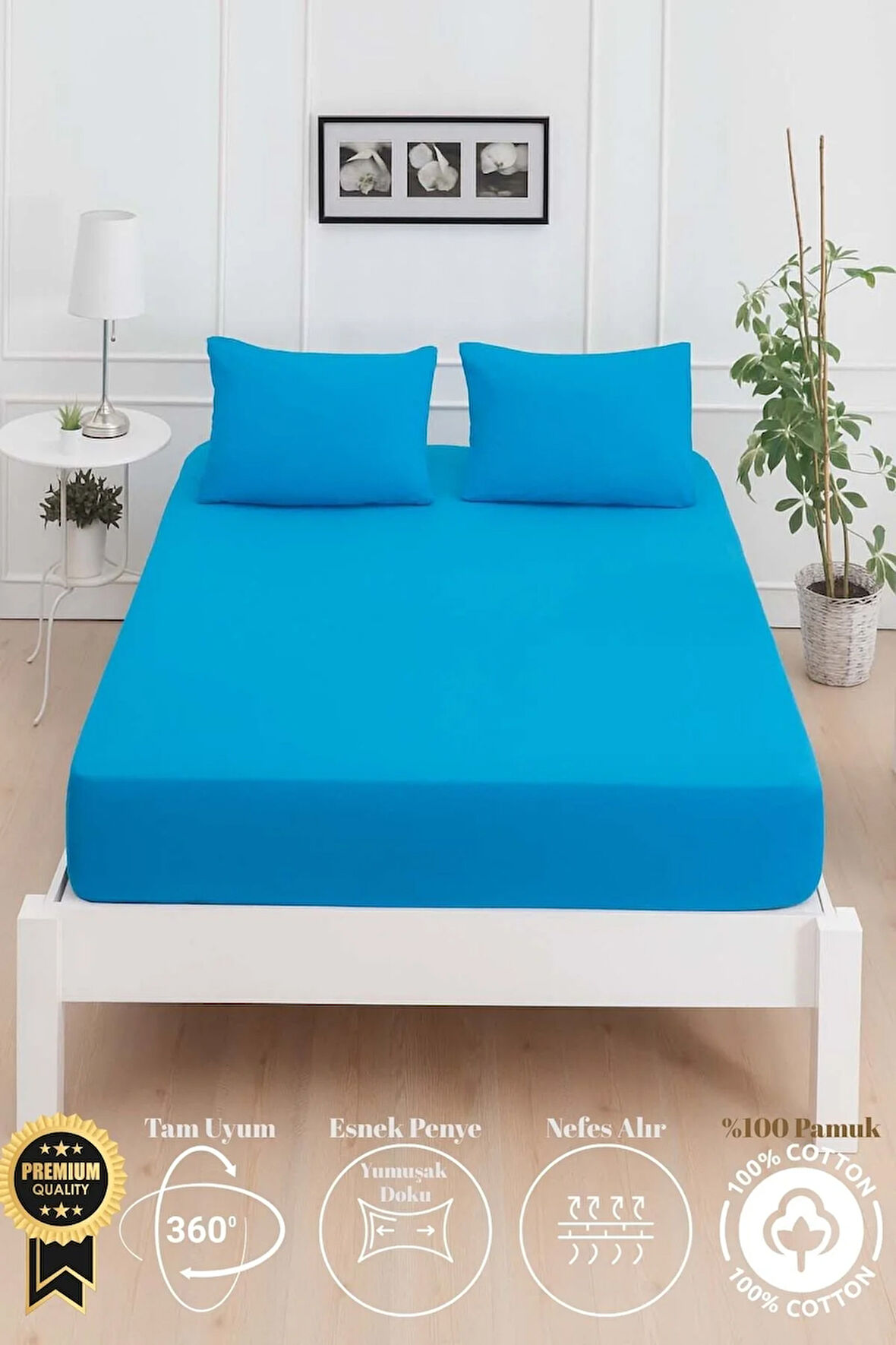 Mirava Premium %100 Pamuk Penye Lastikli Tek Kişilik Çarşaf Takımı (1 Yastık Kılıfı Dahil) Turkuaz 120x200cm