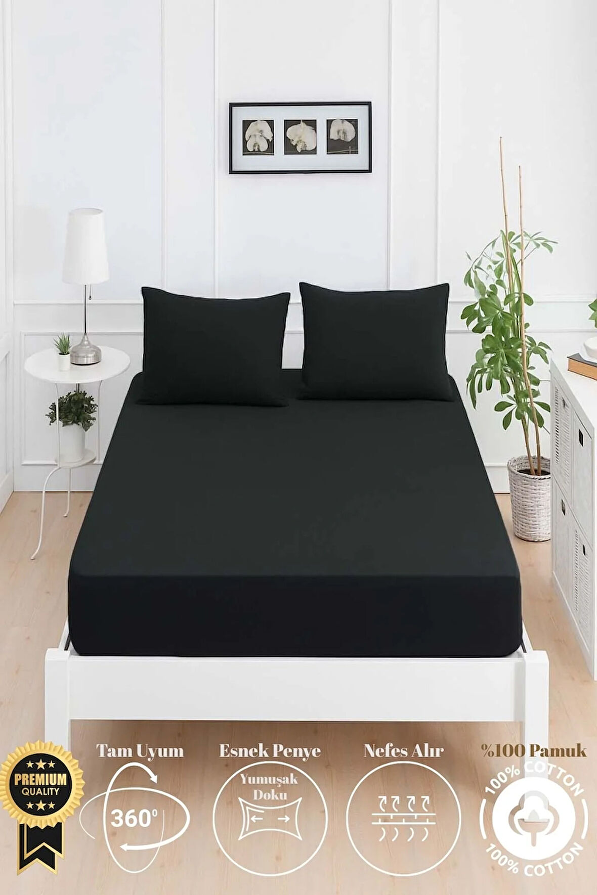 Mirava Premium %100 Pamuk Penye Lastikli Tek Kişilik Çarşaf Takımı (1 Yastık Kılıfı Dahil) Siyah 120x200cm