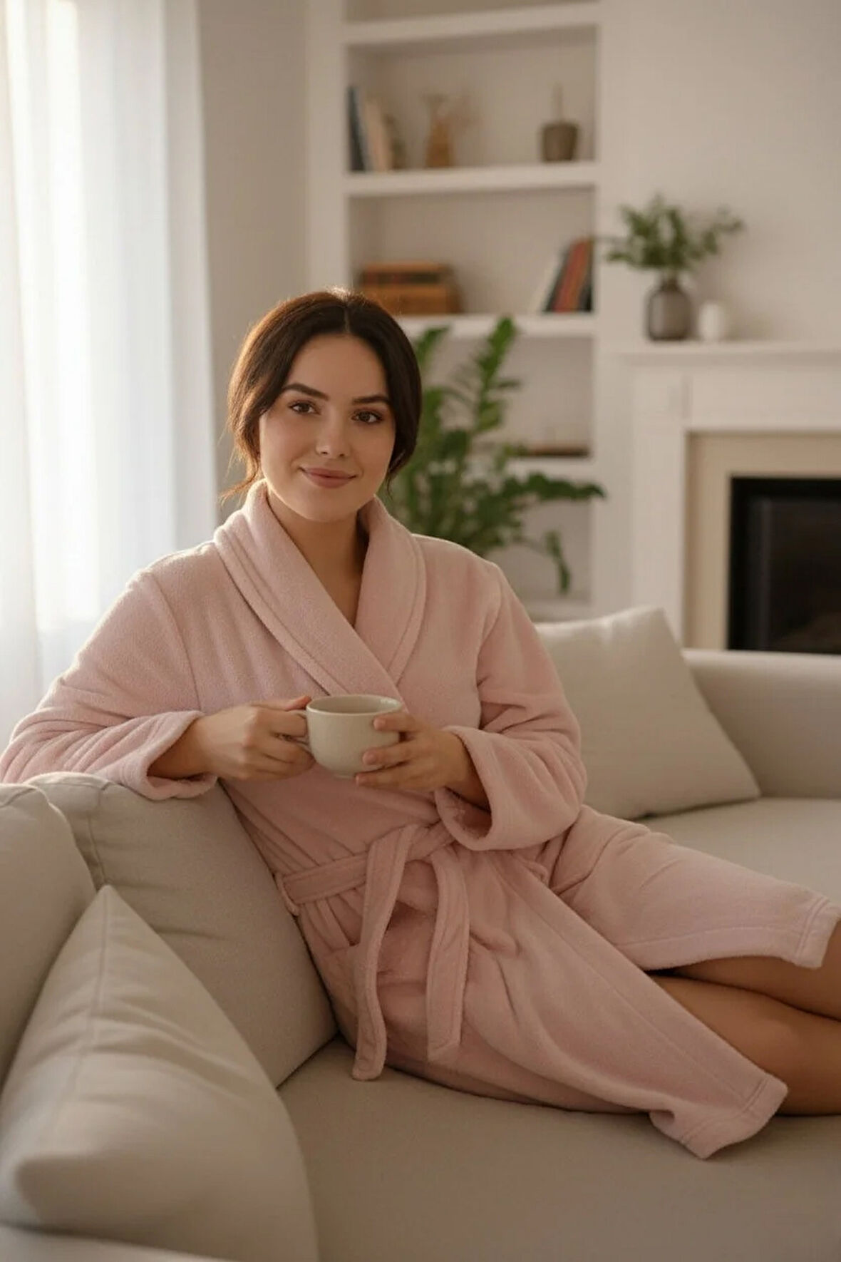 Lumor Şal Yaka Wellsoft Peluş Yumuşak Sabahlık  | Pudra