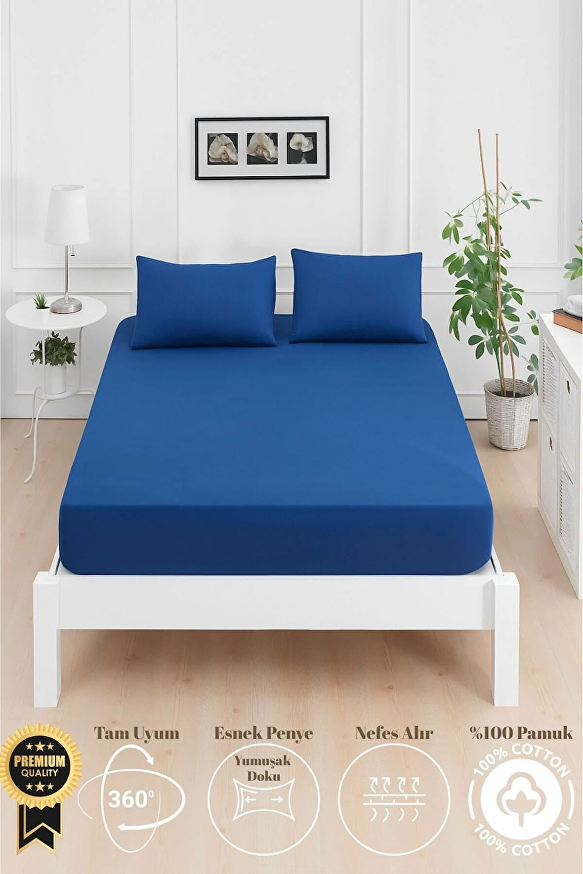 Mirava Premium %100 Pamuk Penye Lastikli Çift Kişilik Çarşaf Takımı (2 Yastık Kılıfı Dahil) Lacivert 140x200cm