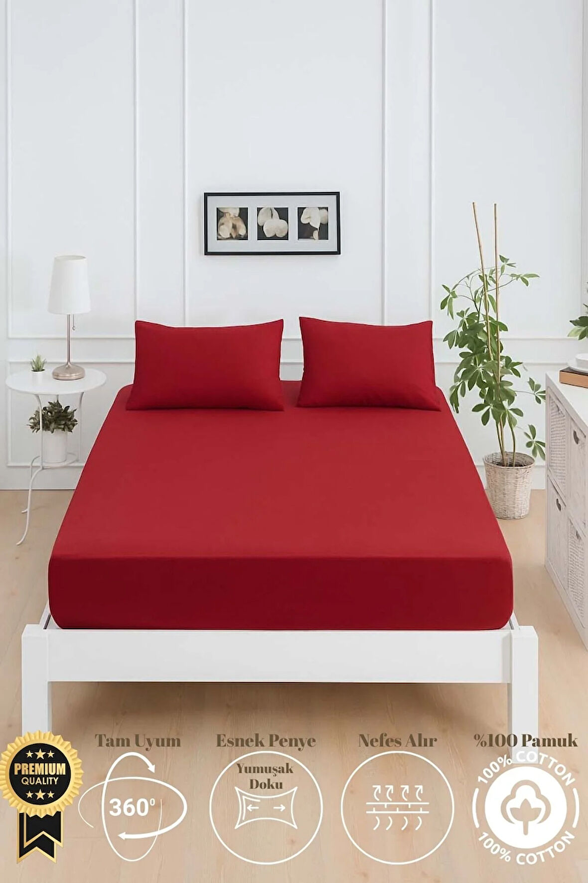 Mirava Premium %100 Pamuk Penye Lastikli Çift Kişilik Çarşaf Takımı (2 Yastık Kılıfı Dahil) Bordo 180x200cm