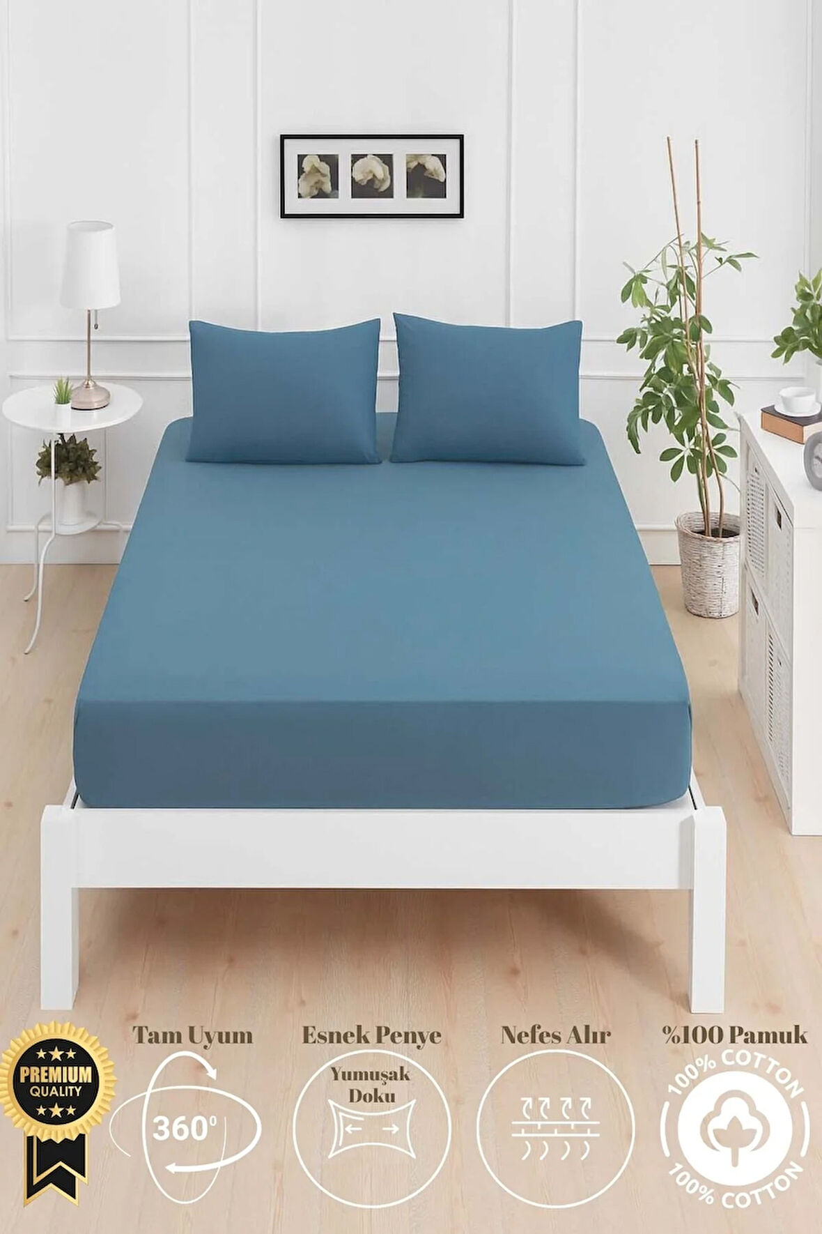 Mirava Premium %100 Pamuk Penye Lastikli Çift Kişilik Çarşaf Takımı (2 Yastık Kılıfı Dahil) İndigo 160x200cm