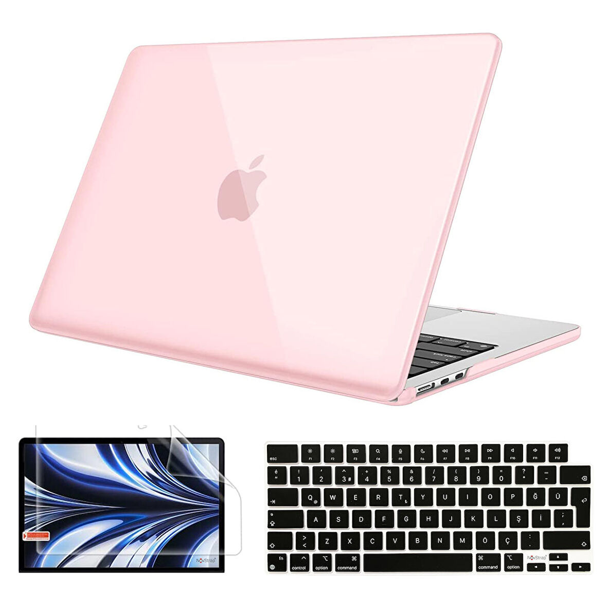 NovStrap Apple MacBook Air 13.6 inç 2022 M2 Çip A2681 Uyumlu Kılıf Parlak-Siyah Klavye Kılıfı-Film