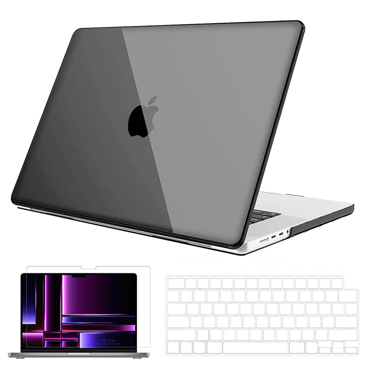 NovStrap Apple MacBook Pro 2023 M2 14.2 inc A2779 Uyumlu Parlak Kılıf + Şeffaf Klavye Kılıfı + Film