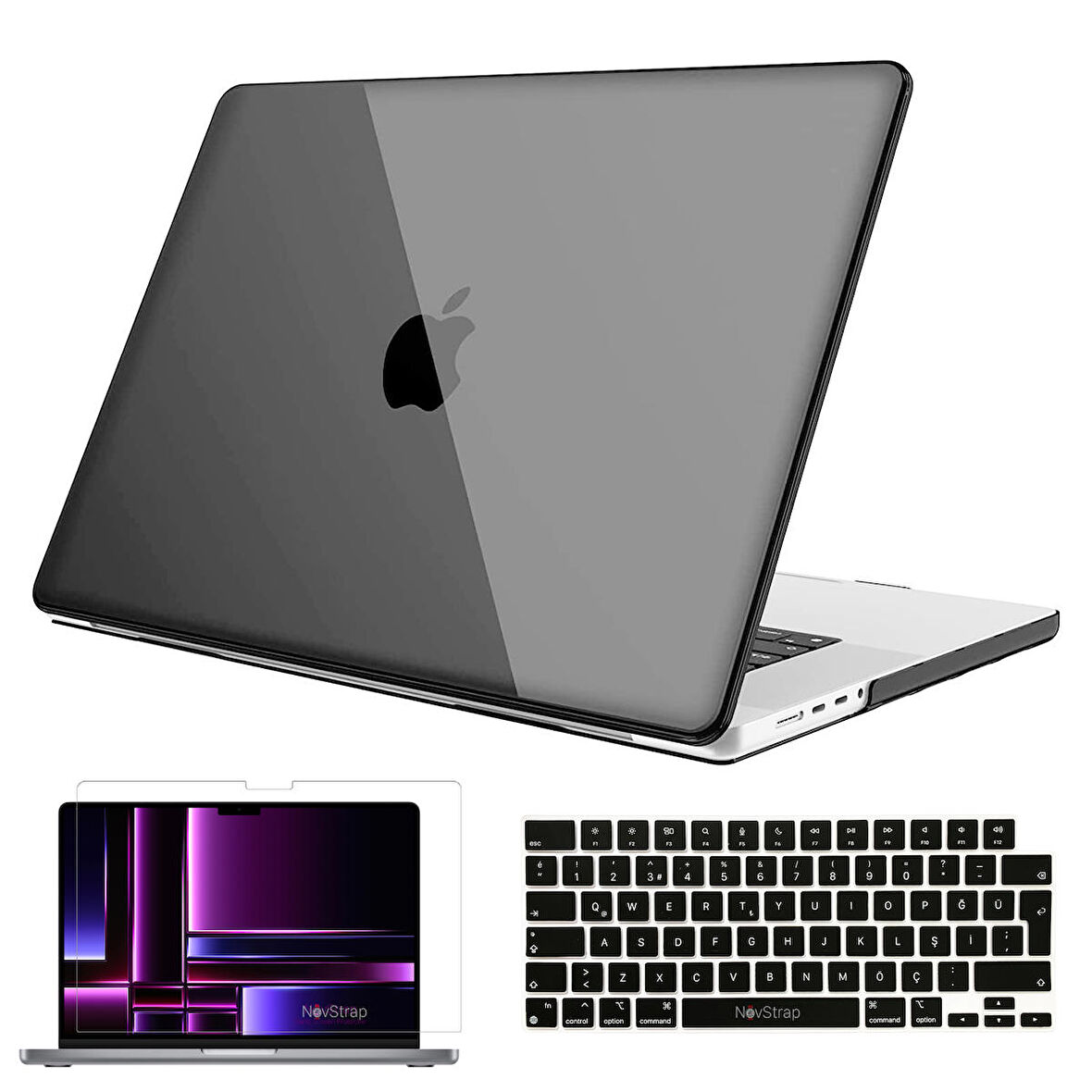 NovStrap Apple MacBook Pro 2023 M2 16 inc A2780 Uyumlu Parlak Kılıf + Siyah Klavye Kılıfı + Film