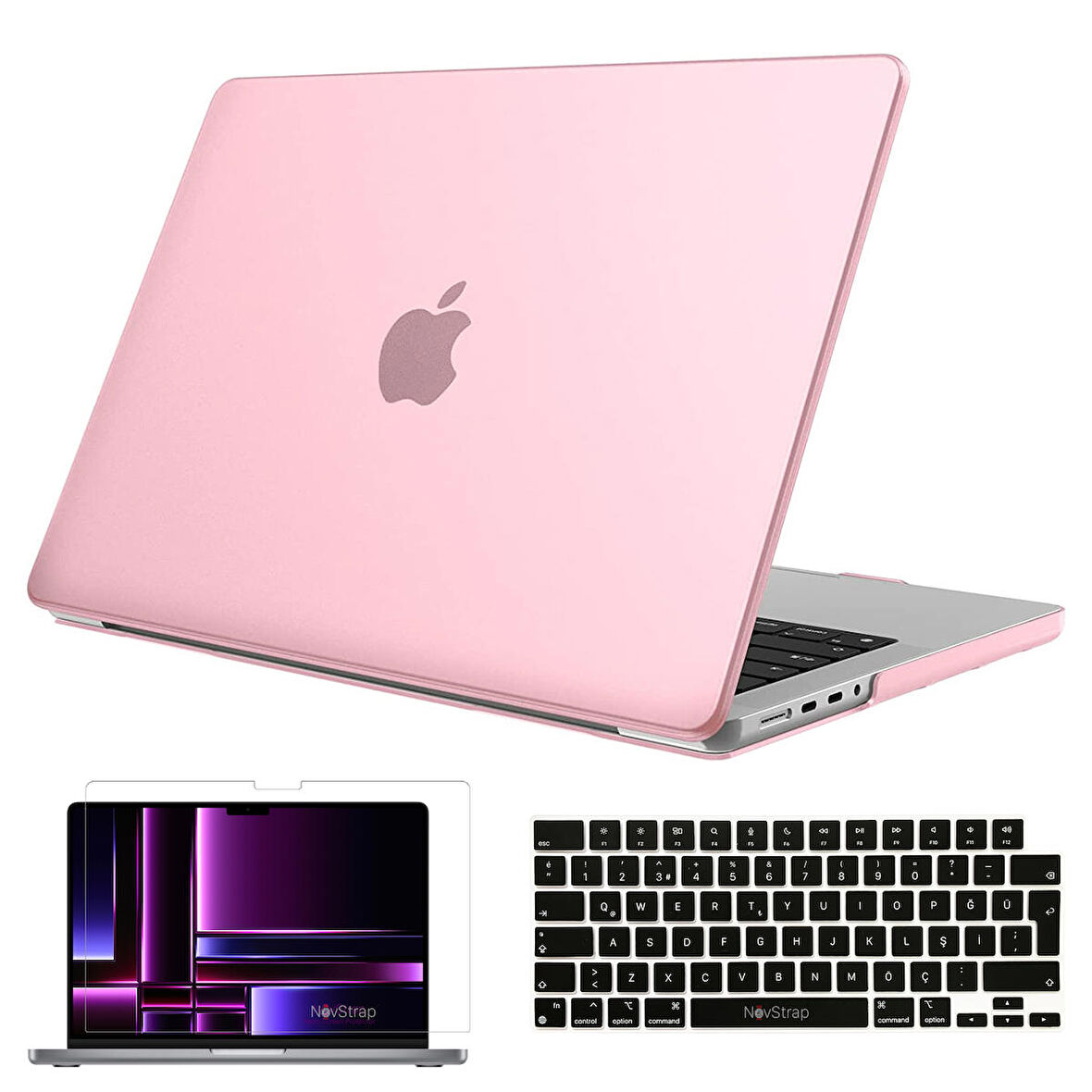 NovStrap Apple MacBook Pro 2023 M2 16 inc A2780 Uyumlu Parlak Kılıf + Siyah Klavye Kılıfı + Film