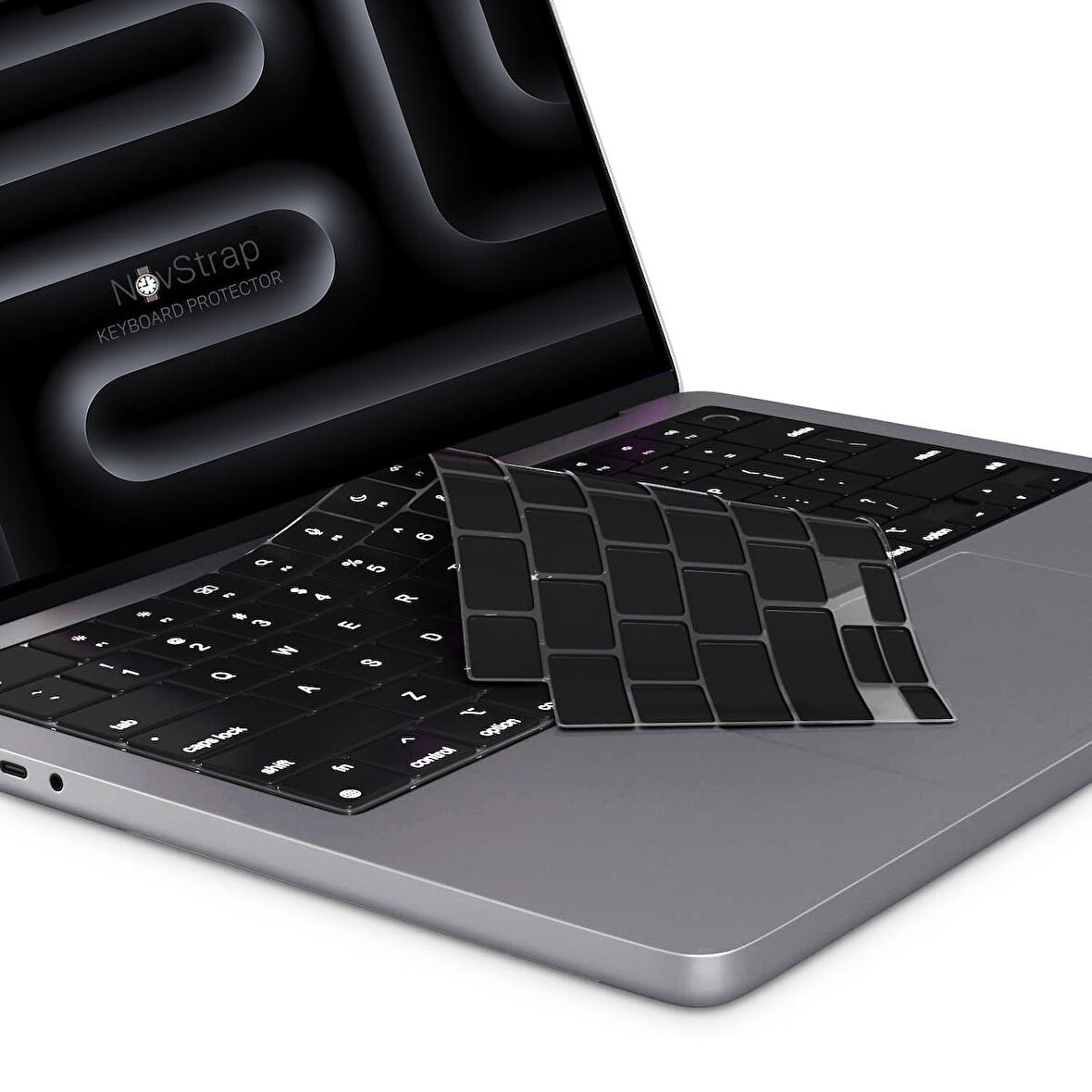 NovStrap Apple Macbook Pro M3 16 inç A2991 ile Uyumlu Türkçe Q Klavye Siyah Klavye Koruyucu Kılıf