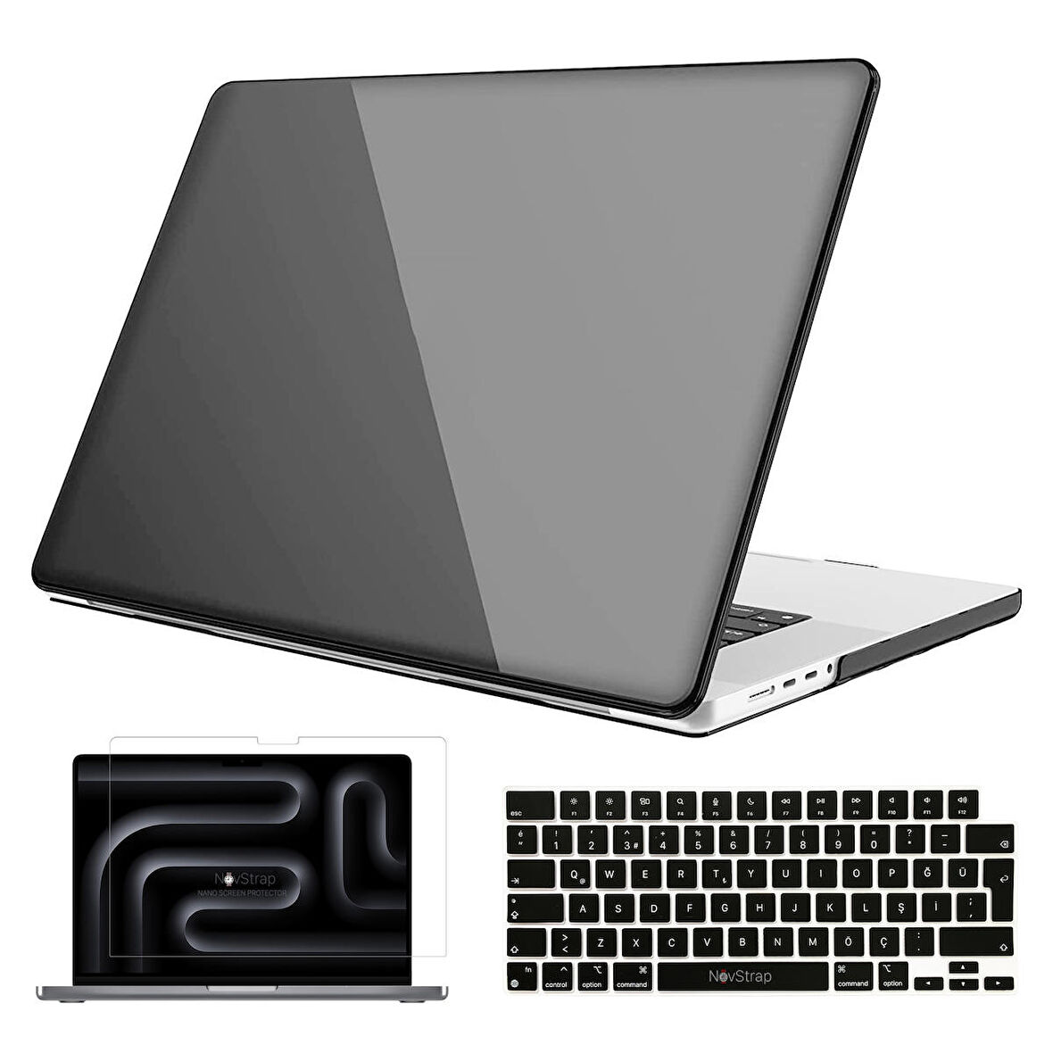 NovStrap Apple Macbook Pro 14 inç M3 A2992 A2918 ile Uyumlu Parlak Kılıf + Siyah Klavye Kılıfı +Film