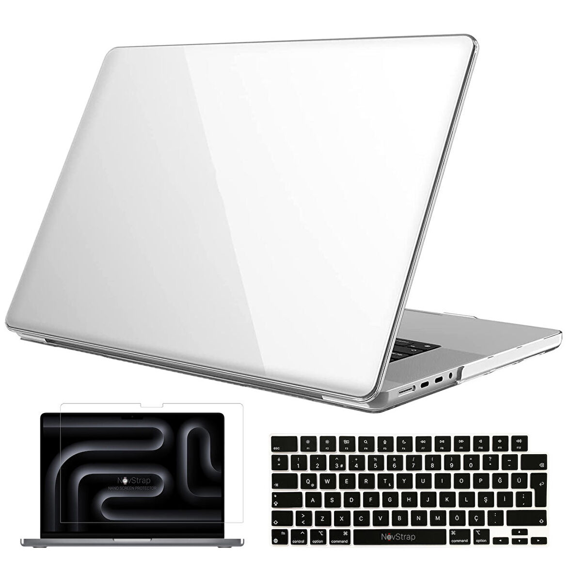 NovStrap Apple Macbook Pro 14 inç M3 A2992 A2918 ile Uyumlu Parlak Kılıf + Siyah Klavye Kılıfı +Film