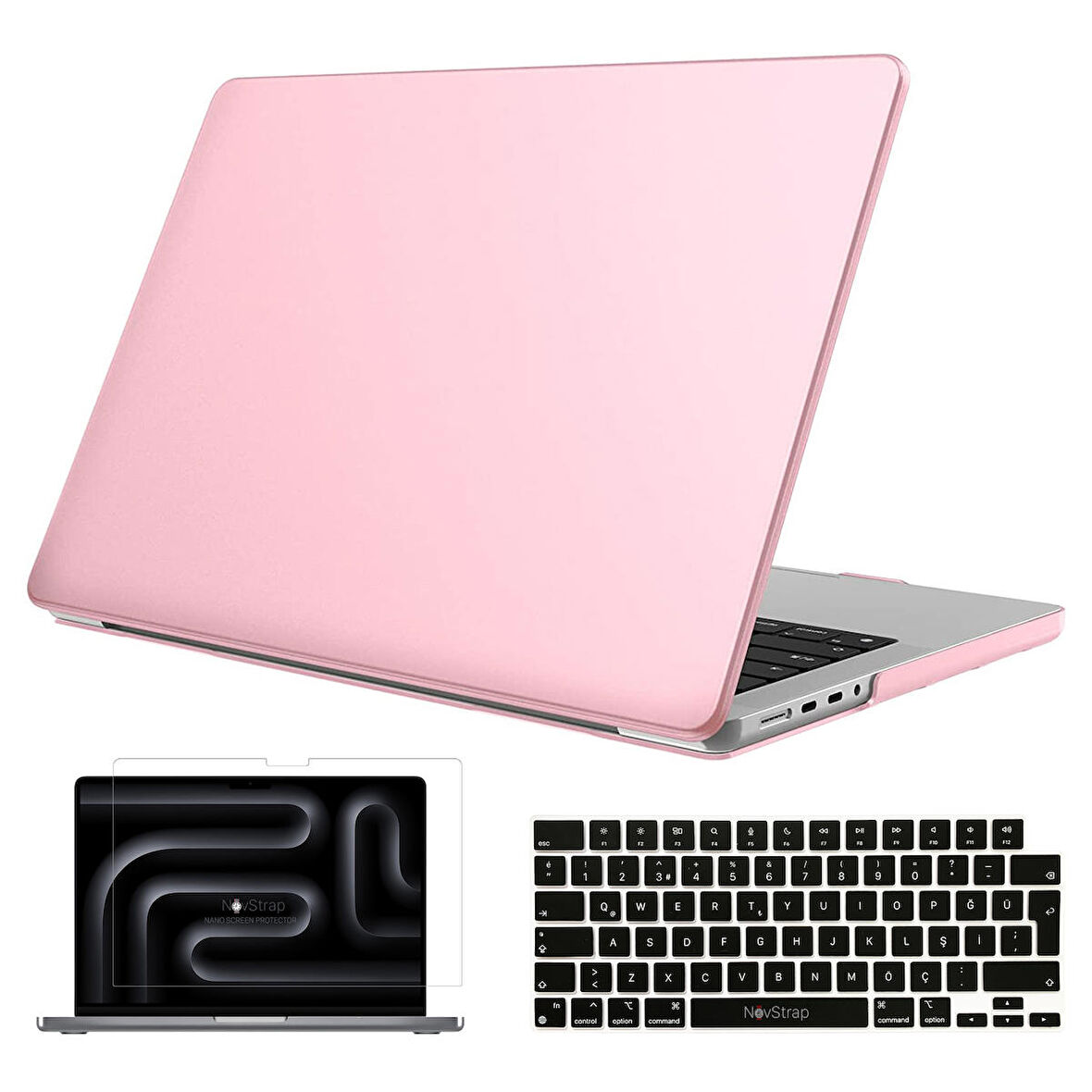 NovStrap Apple Macbook Pro 14 inç M3 A2992 A2918 ile Uyumlu Parlak Kılıf + Siyah Klavye Kılıfı +Film