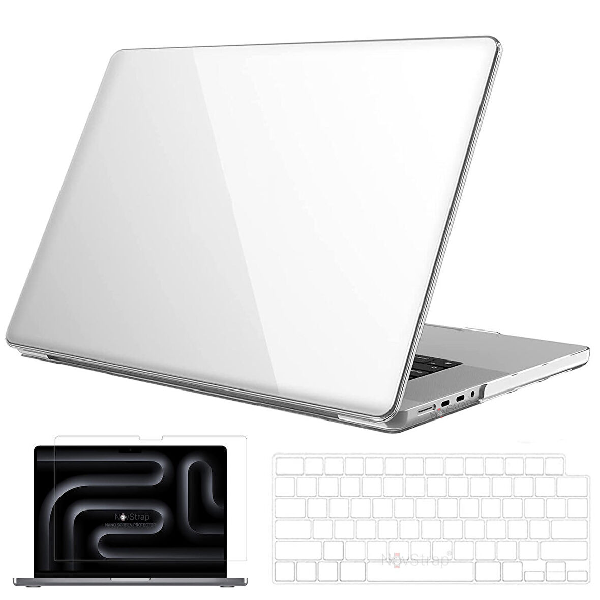 NovStrap Apple Macbook Pro 16 inç M3 A2991 ile Uyumlu Parlak Kılıf + Şeffaf Klavye Kılıfı + Film